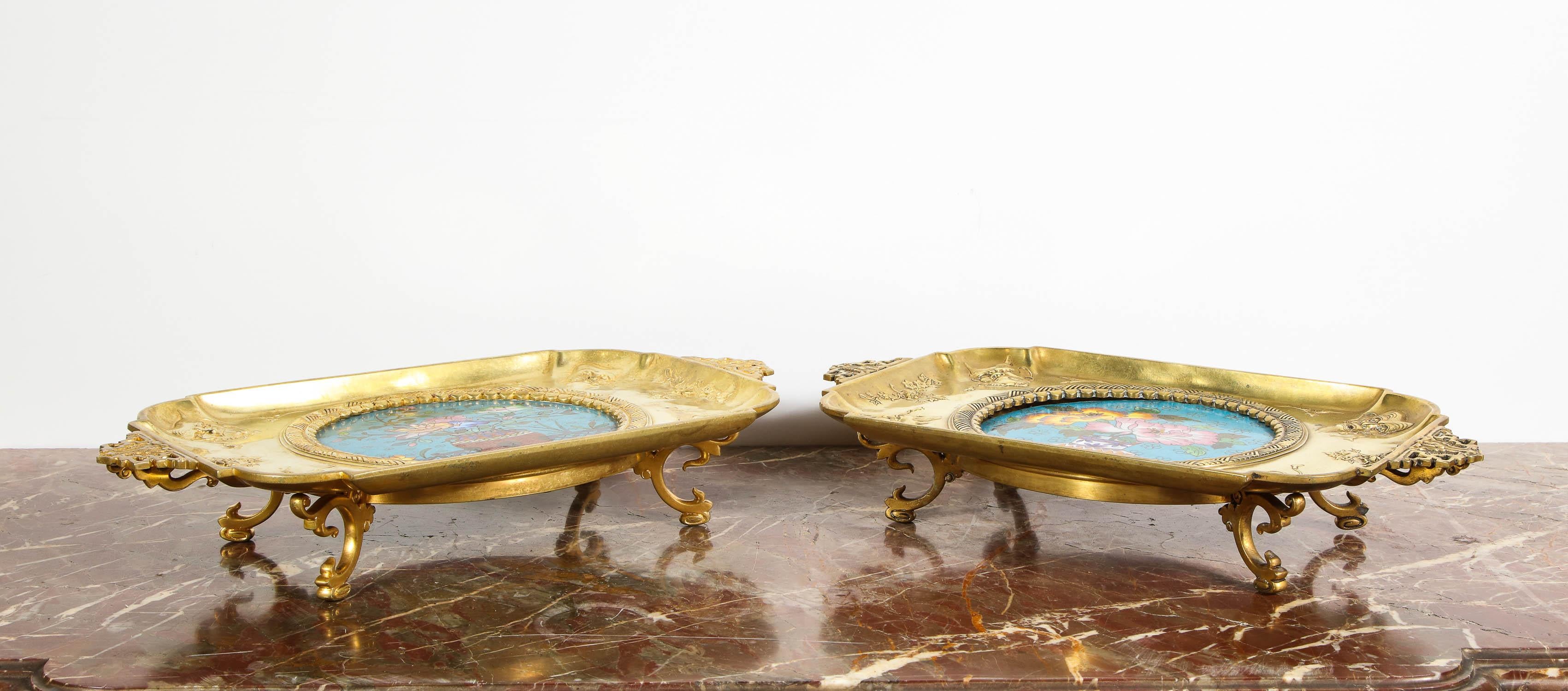 Rare Pair of French Japonisme Bronze & Cloisonne Enamel Trays Attributed Lievre 2