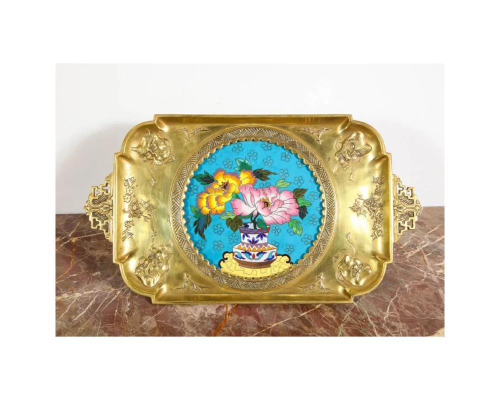 Rare Pair of French Japonisme Bronze & Cloisonne Enamel Trays Attributed Lievre For Sale 1