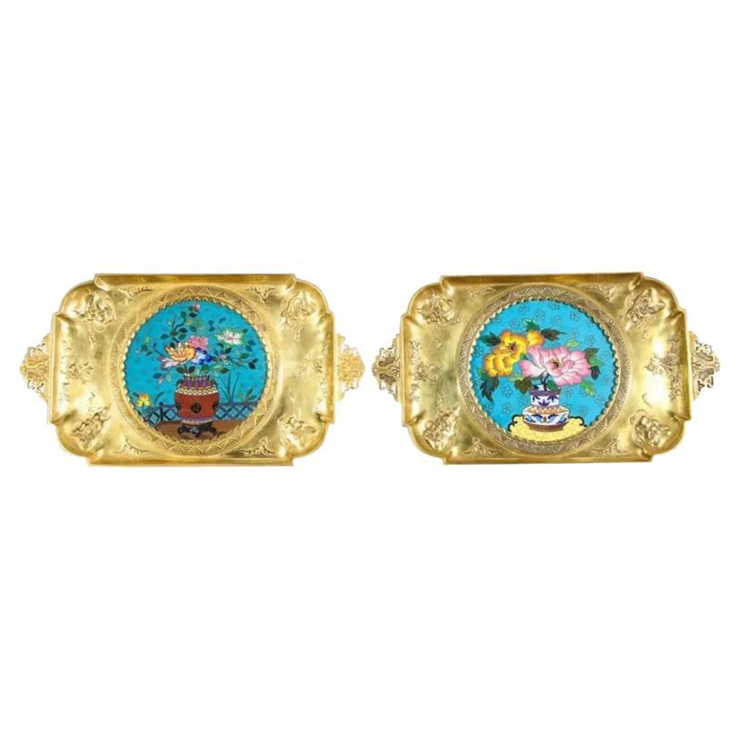 Rare Pair of French Japonisme Bronze & Cloisonne Enamel Trays Attributed Lievre For Sale