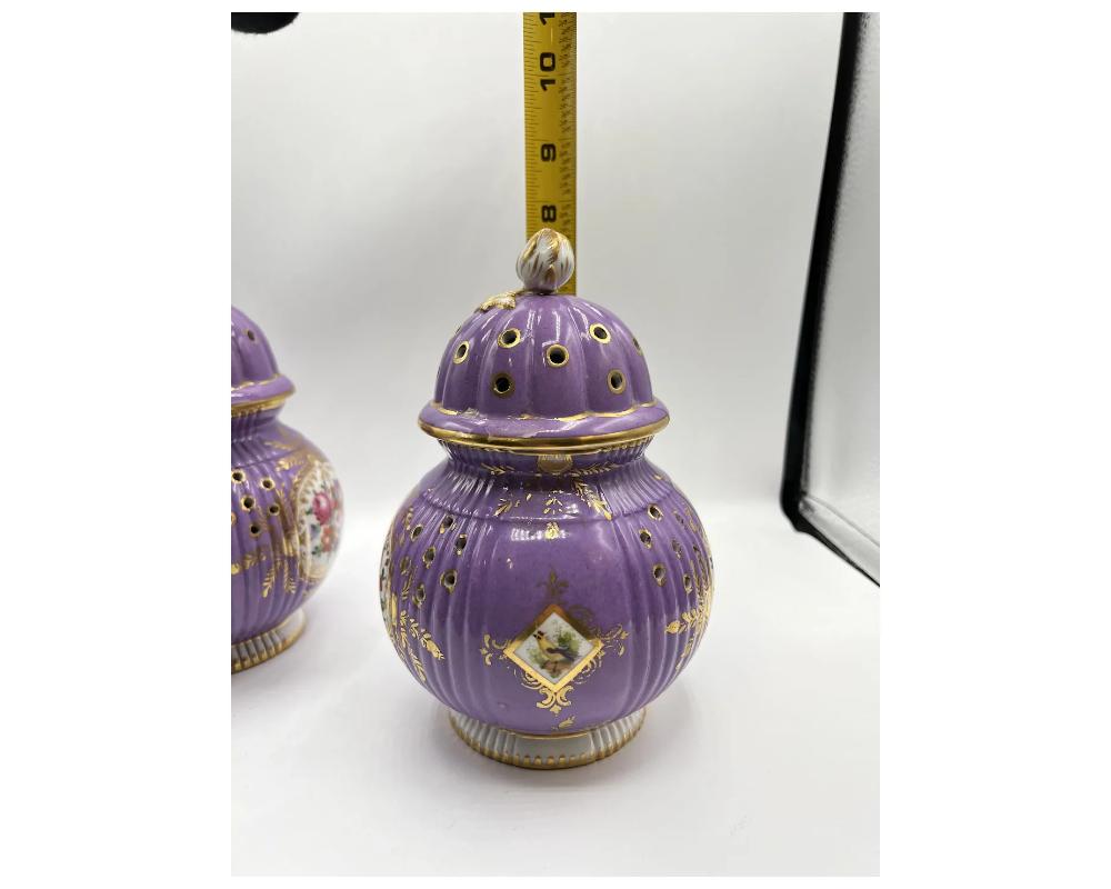 Rare Pair of French Lavender Hand-Painted Porcelain Incense Burners with Covers 7