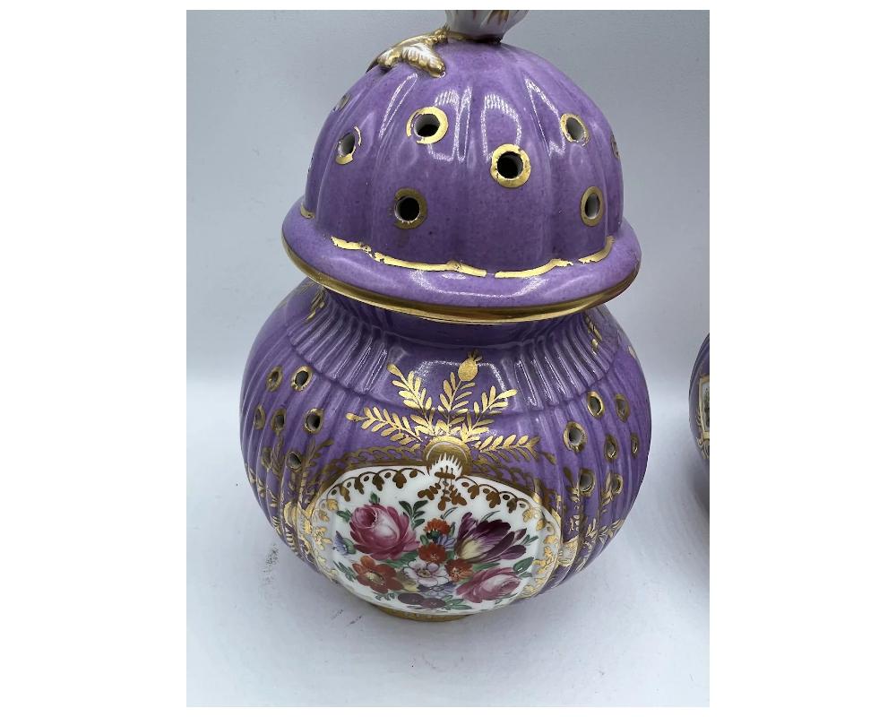 Rare Pair of French Lavender Hand-Painted Porcelain Incense Burners with Covers 8