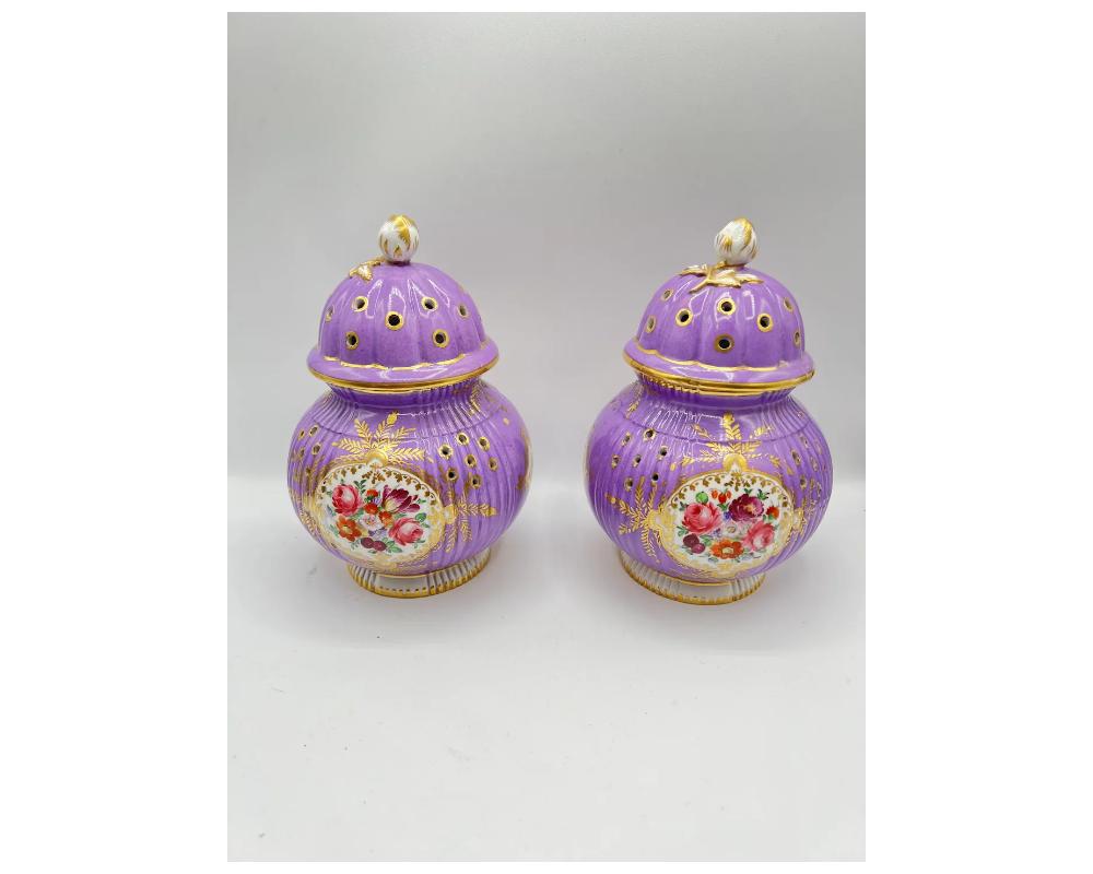 Rare Pair of French Lavender Hand-Painted Porcelain Incense Burners with Covers 9