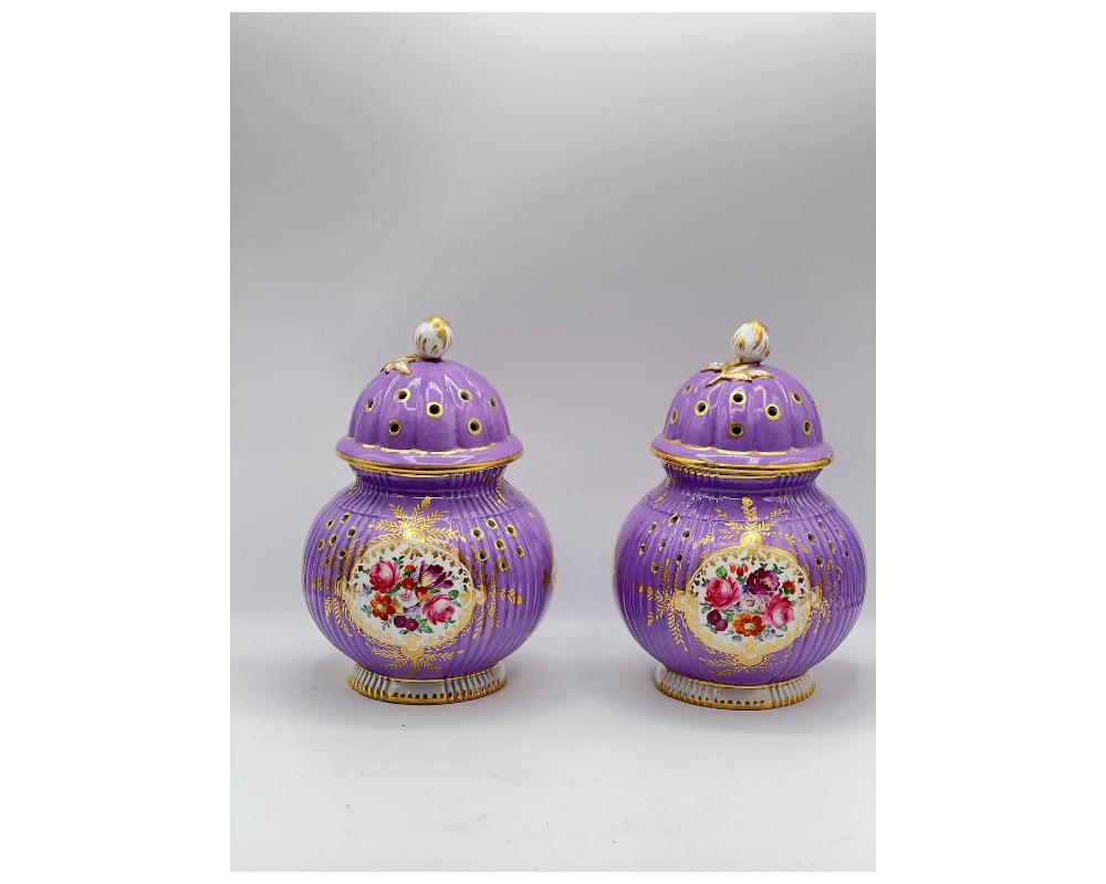 Rare Pair of French Lavender Hand-Painted Porcelain Incense Burners with Covers 10