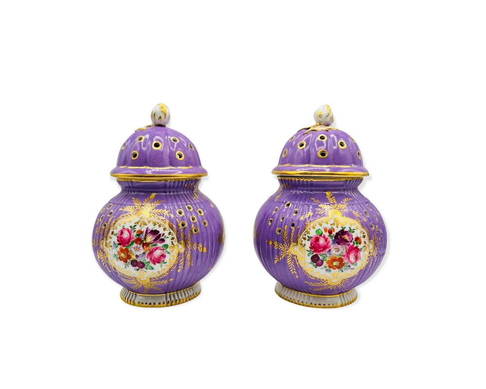 Rare pair of French lavender hand-painted porcelain incense burners with covers, made for the ottoman Islamic market

in great condition ready to place

size is approximately 8 inches high with the lids and 5 inches wide at the fattest part

 