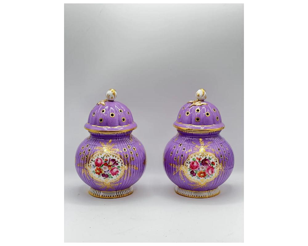 Rare Pair of French Lavender Hand-Painted Porcelain Incense Burners with Covers In Good Condition In New York, NY