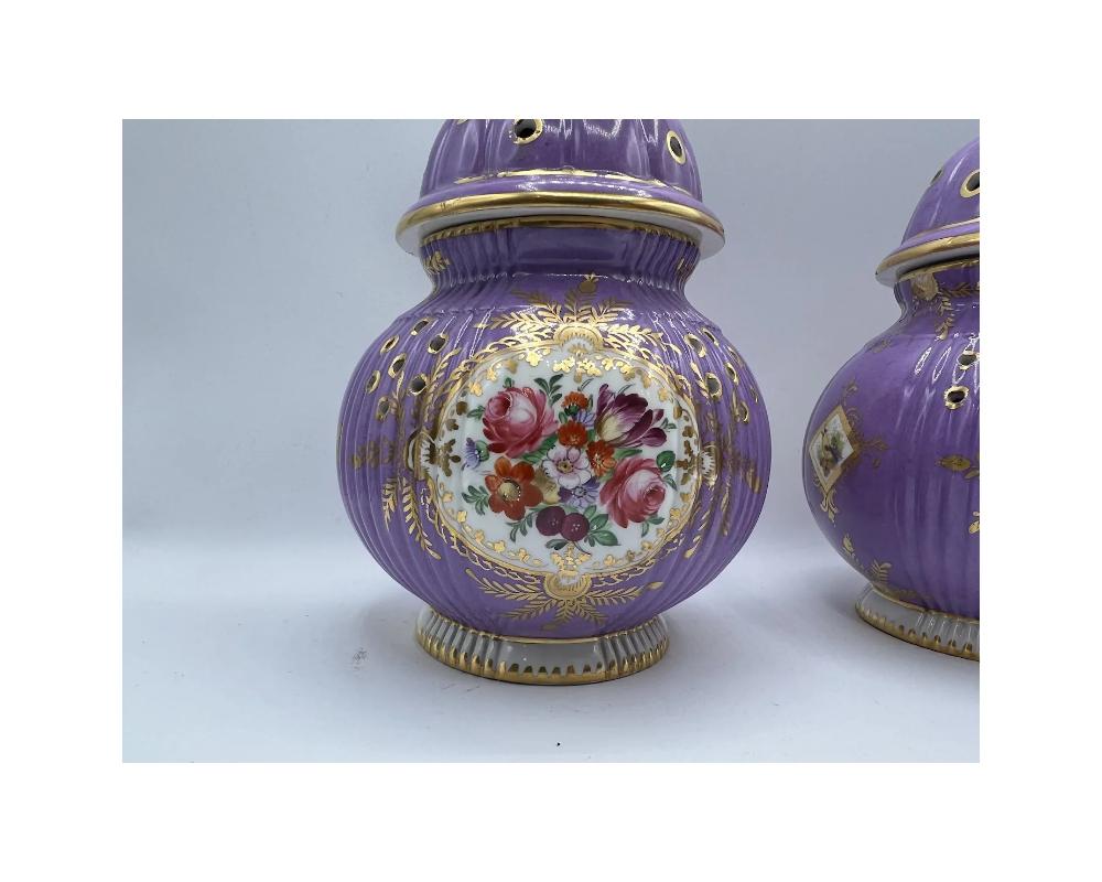 Rare Pair of French Lavender Hand-Painted Porcelain Incense Burners with Covers 4