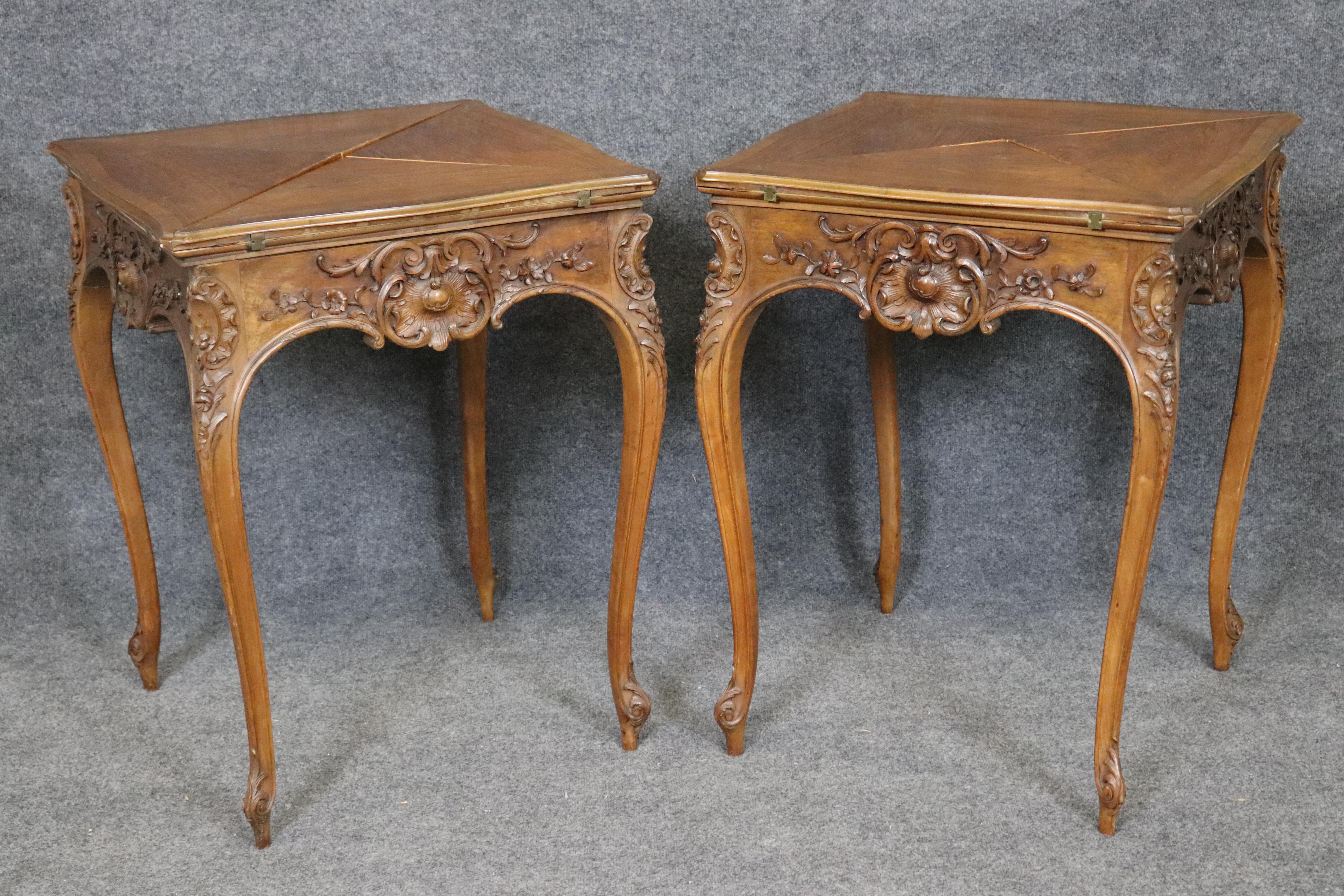 Late 19th Century Rare Pair of French Louis XV Walnut Games Tables with Napkin-Fold Leaves For Sale