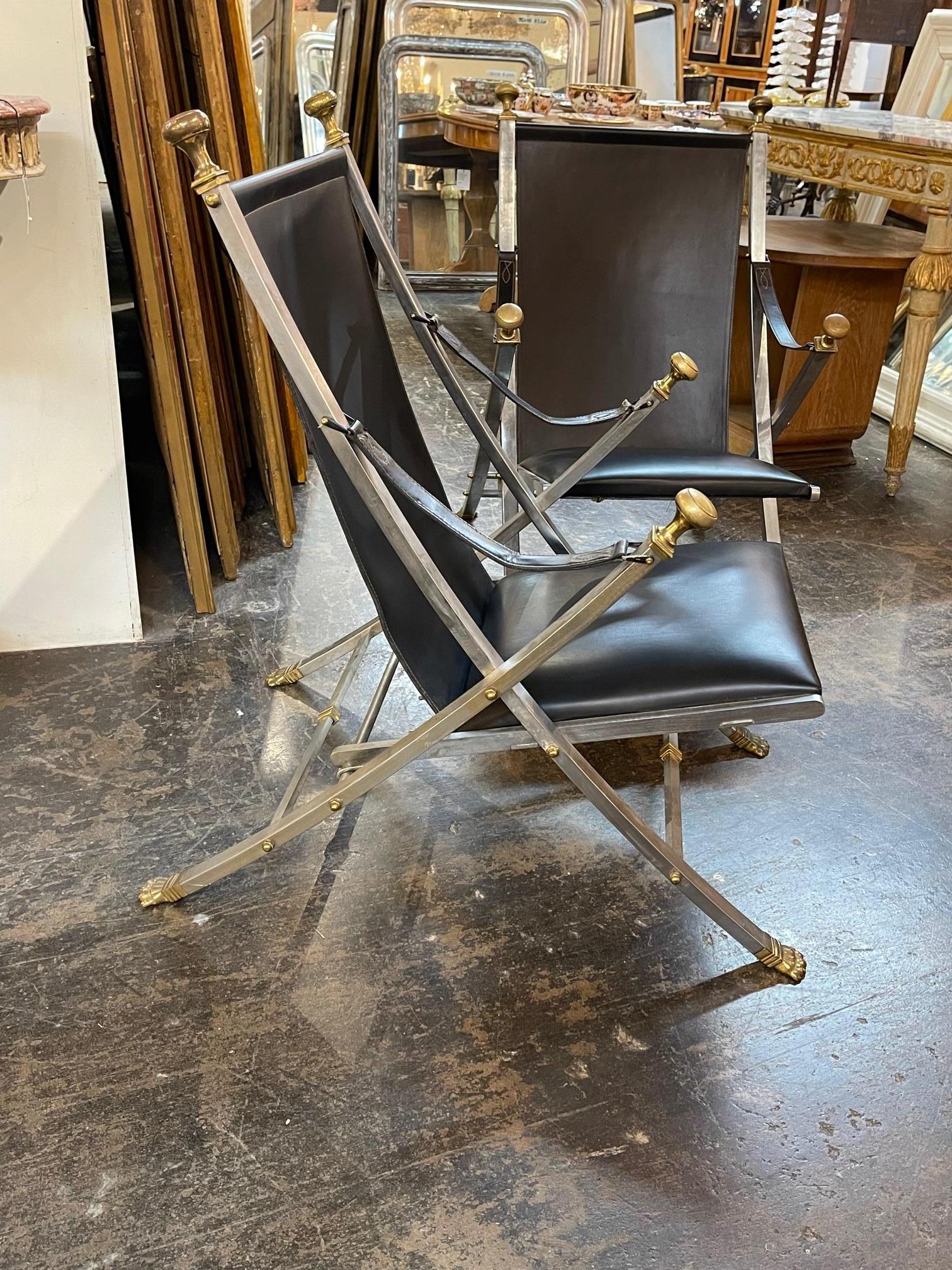 Rare Pair of French Maison Jansen Folding Chairs For Sale 4