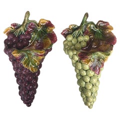 Antique Rare Pair of French Majolica Grapes Wall Pockets, Circa 1890