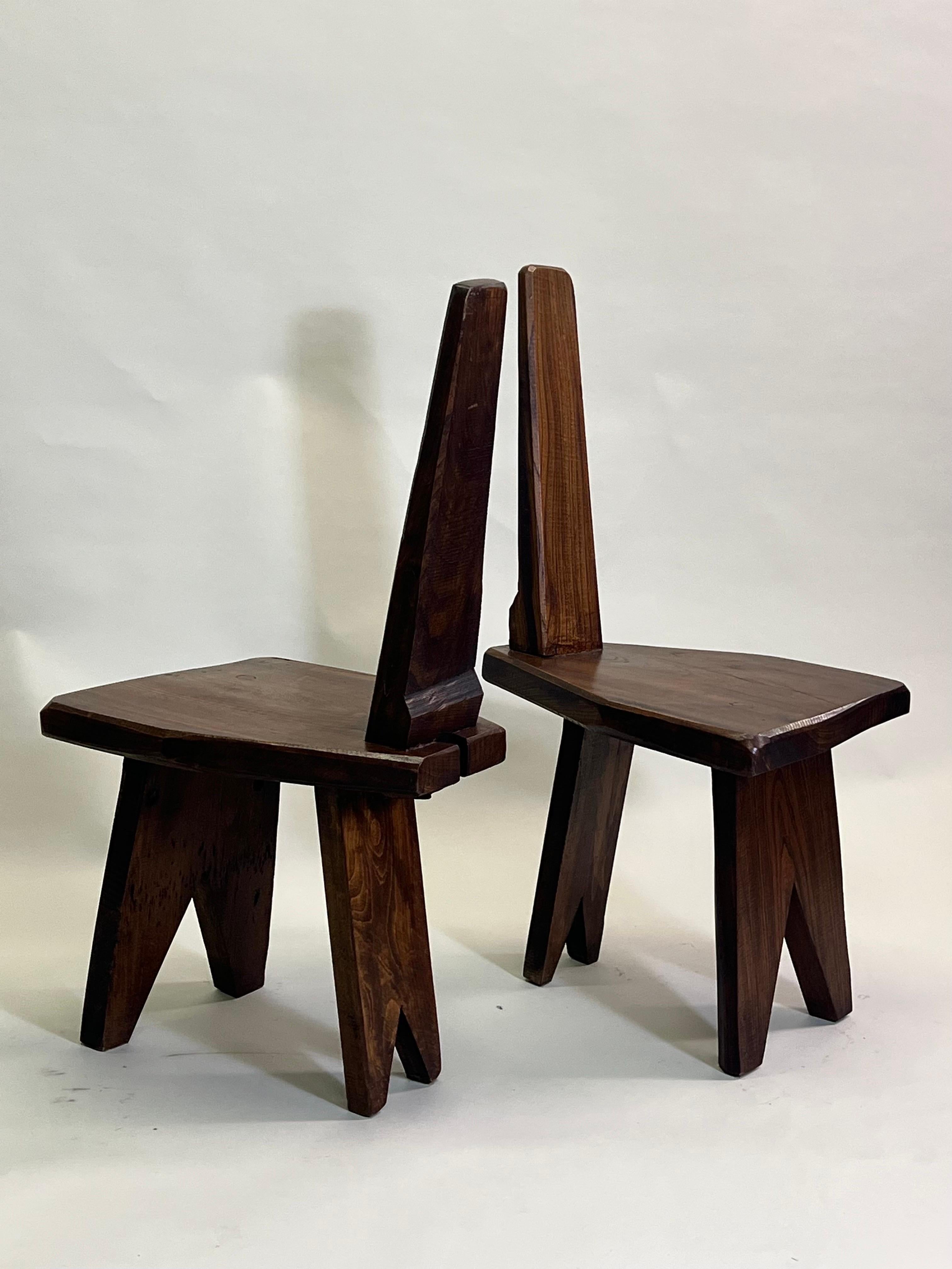 Stained Rare Pair of French Mid-Century Modern Craftsman Wood Chairs, Pierre Jeanneret For Sale