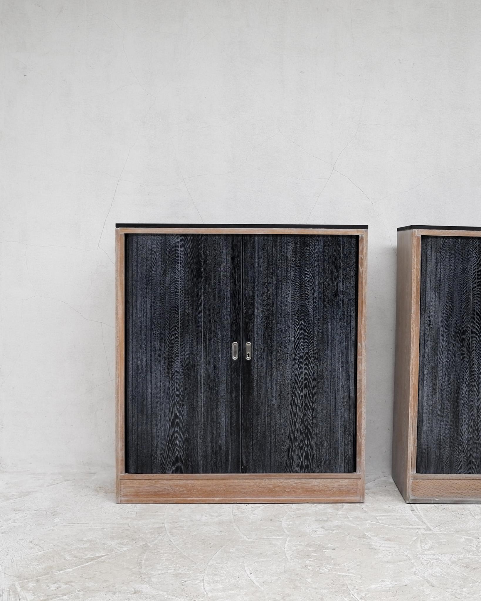 Veneer Rare Pair of French Modernist Art Deco Cerused/Limed Oak Tambour Cabinets For Sale