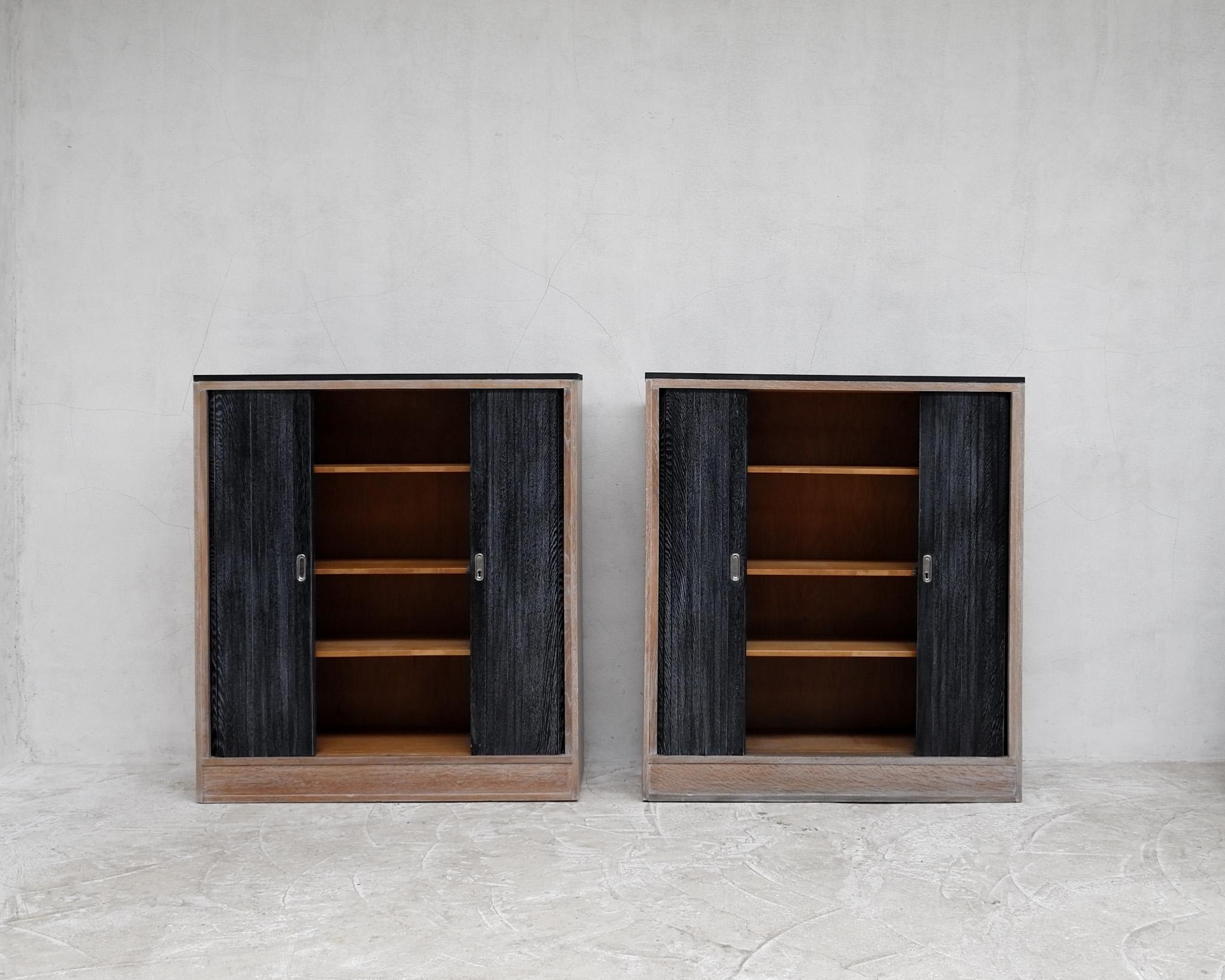 Rare Pair of French Modernist Art Deco Cerused/Limed Oak Tambour Cabinets For Sale 2