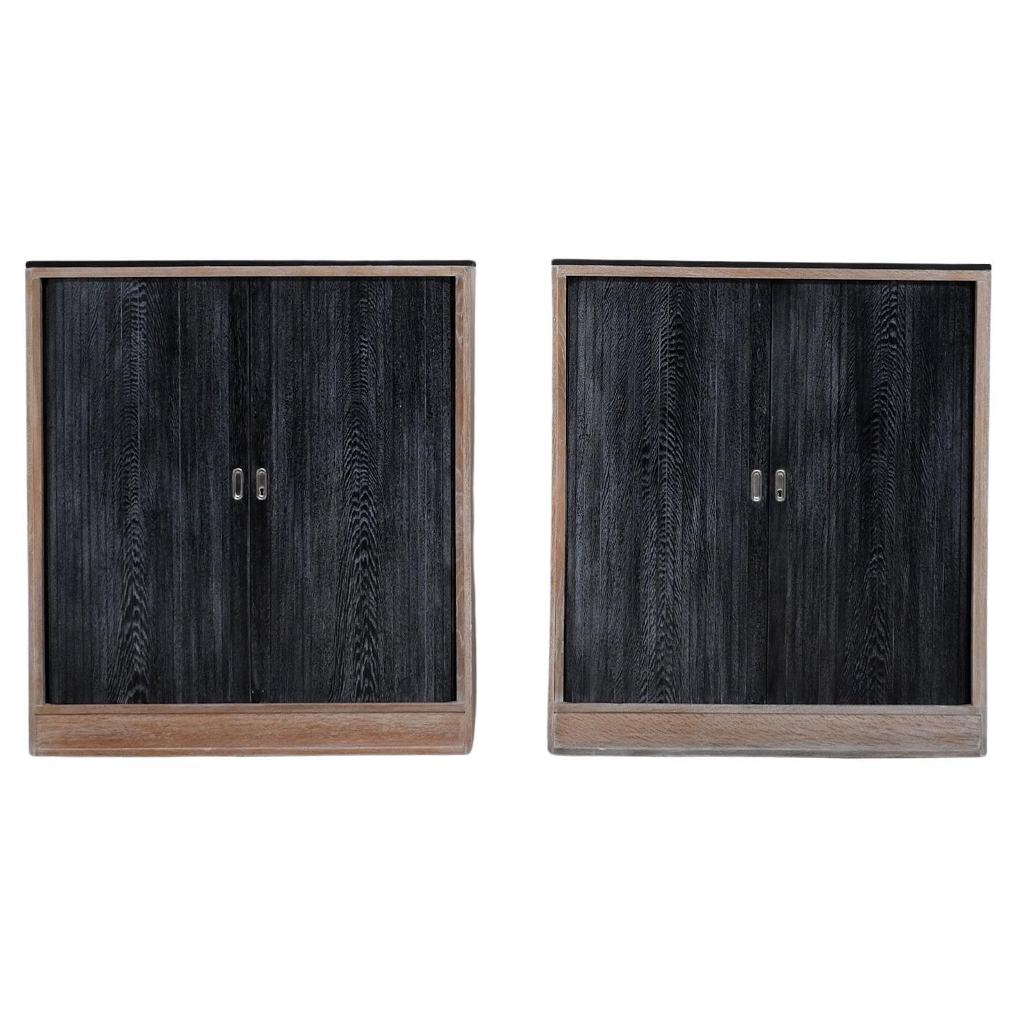 Rare Pair of French Modernist Art Deco Cerused/Limed Oak Tambour Cabinets For Sale
