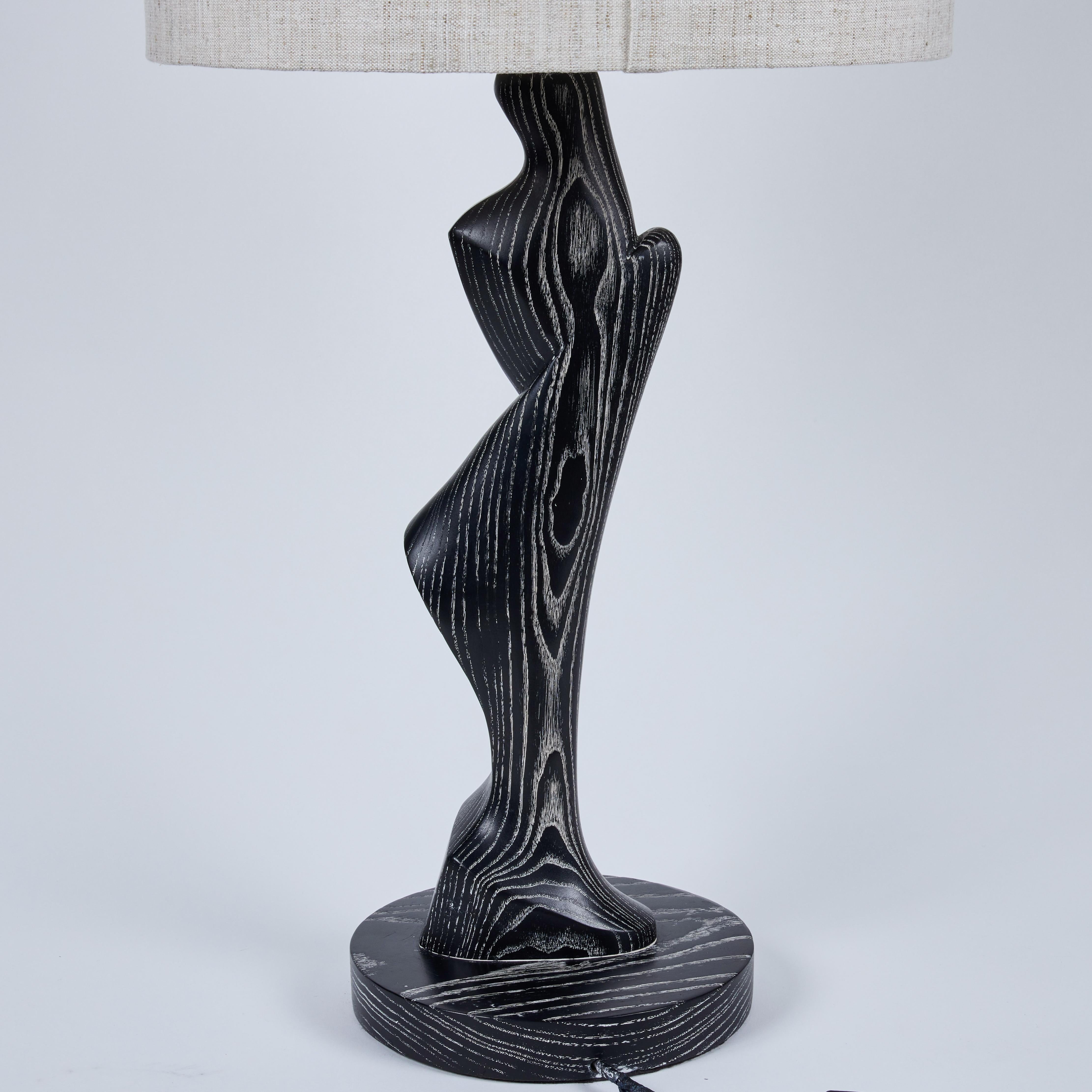 Cérusé Rare Pair of French Sculptural Cerused Oak Lamps, 1950's en vente