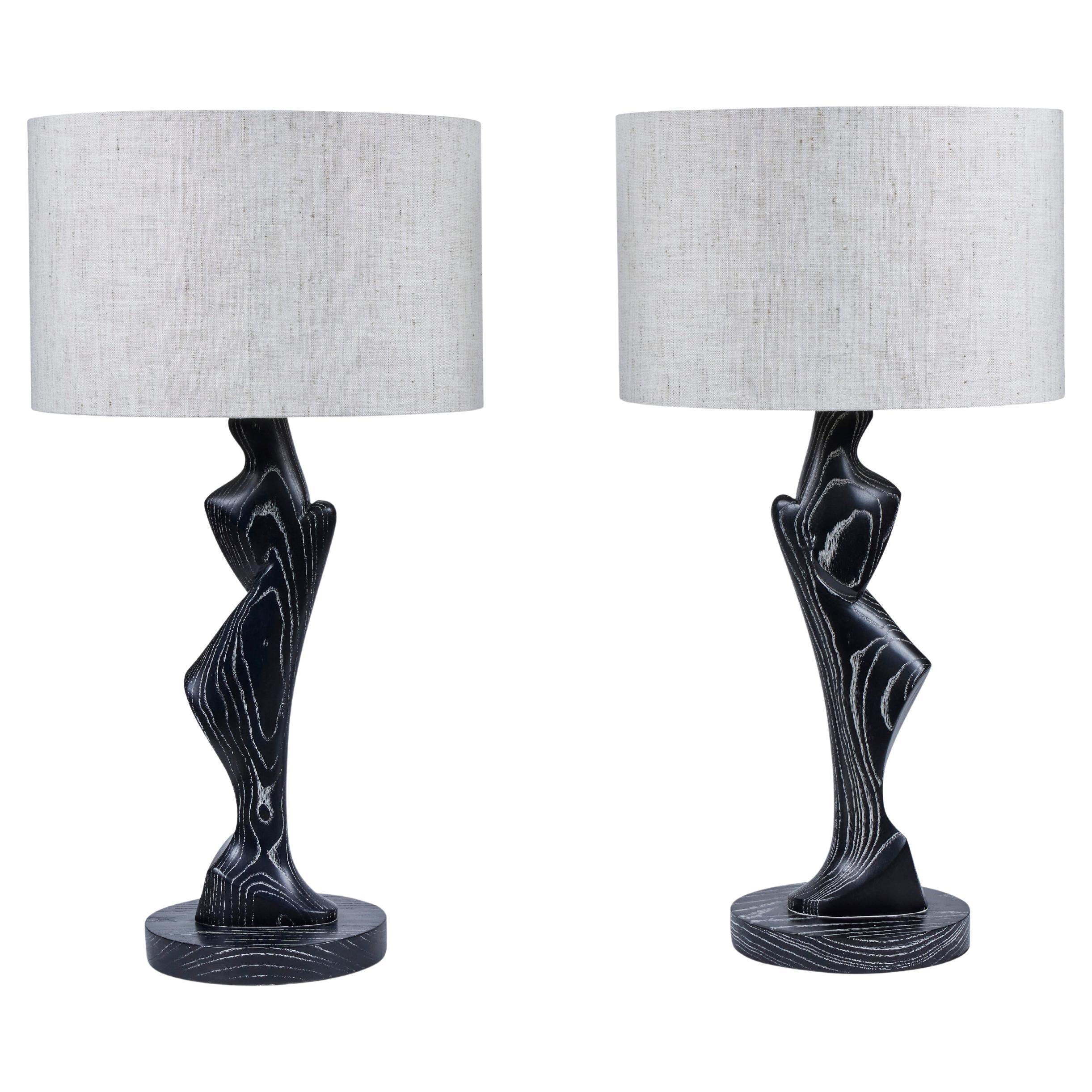 Rare Pair of French Sculptural Cerused Oak Lamps, 1950's en vente
