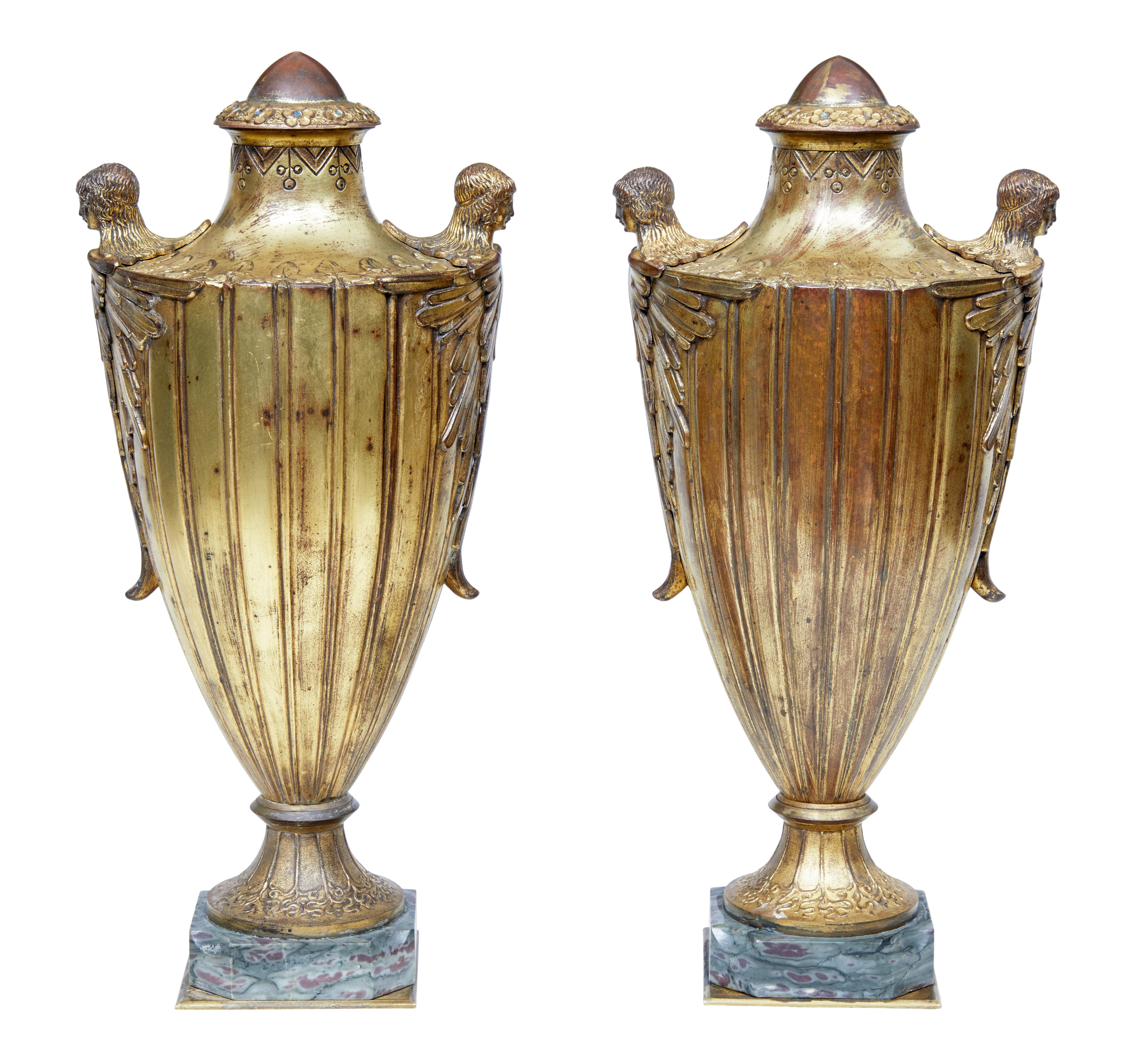 Art Deco Rare Pair of French Solid Bronze and Gilt Decorative Urns