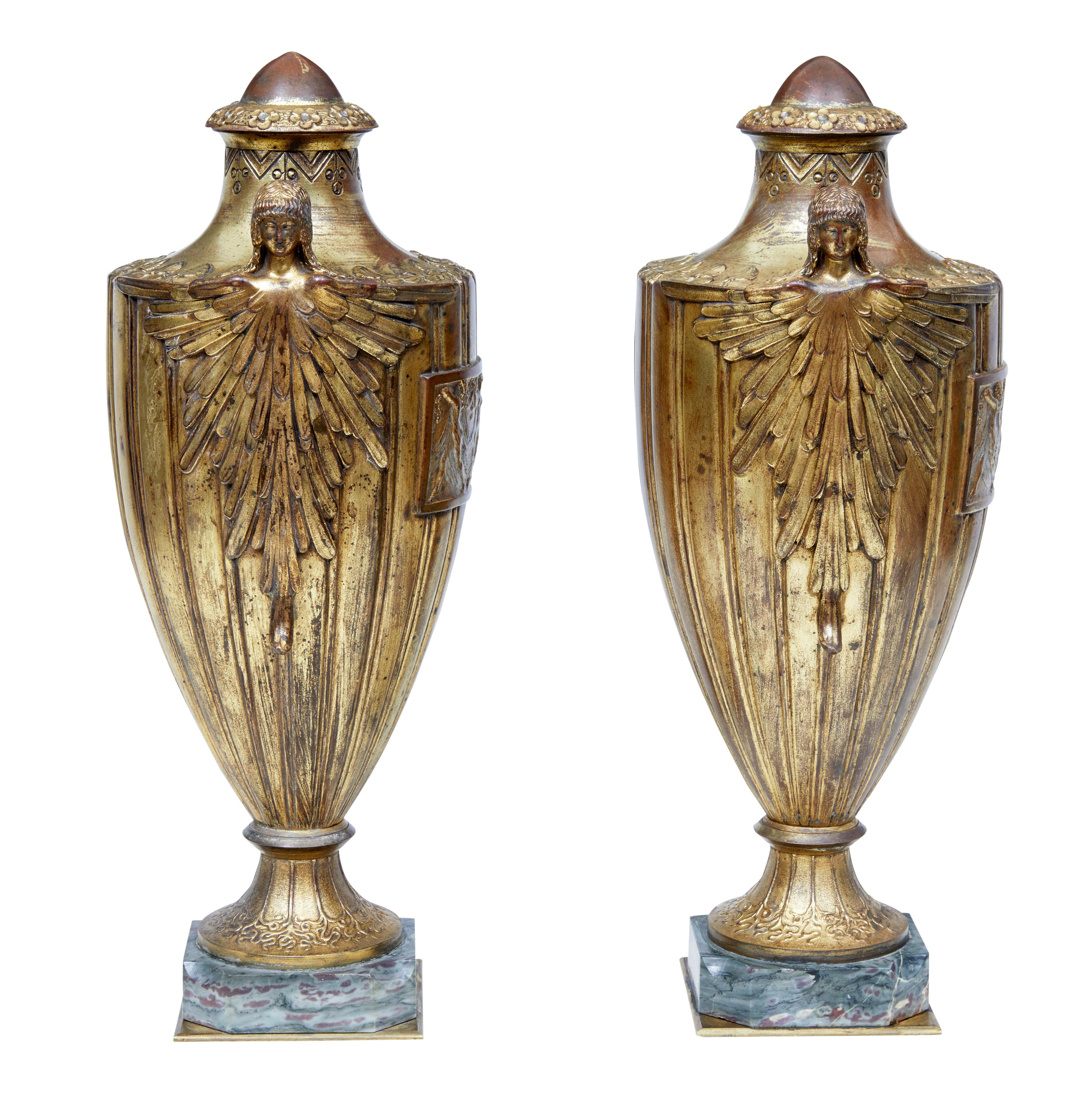 Rare Pair of French Solid Bronze and Gilt Decorative Urns In Fair Condition In Debenham, Suffolk