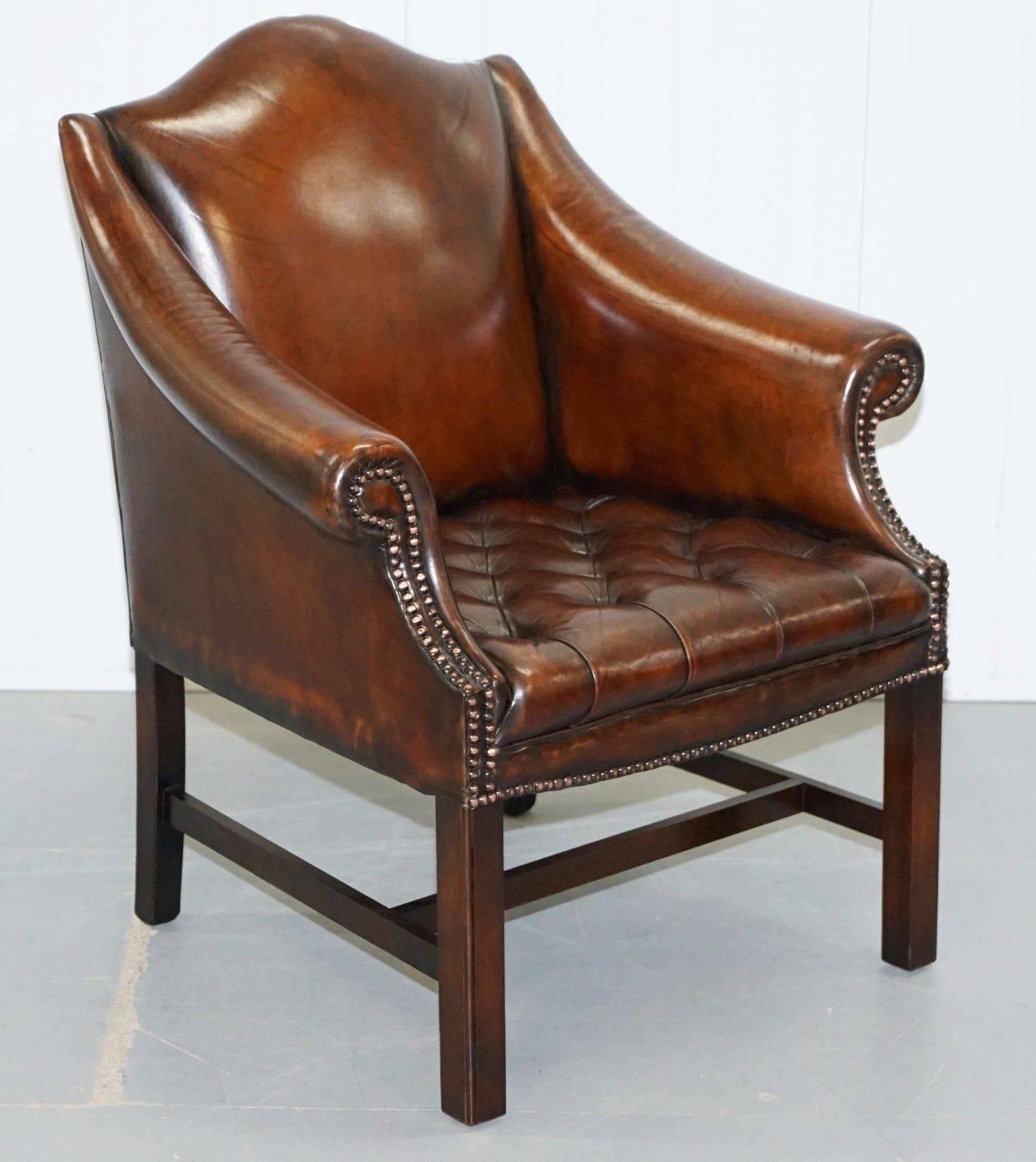 Rare Pair of Fully Restored Chesterfield Whiskey Brown Leather Club Armchairs 4