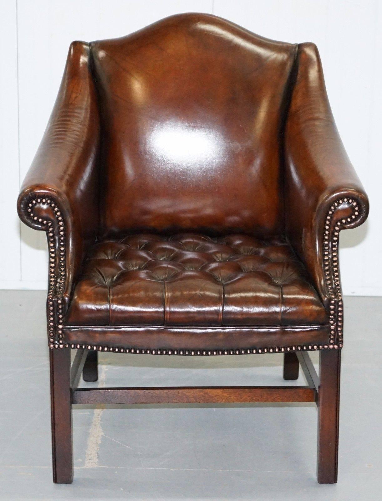 Rare Pair of Fully Restored Chesterfield Whiskey Brown Leather Club Armchairs 5