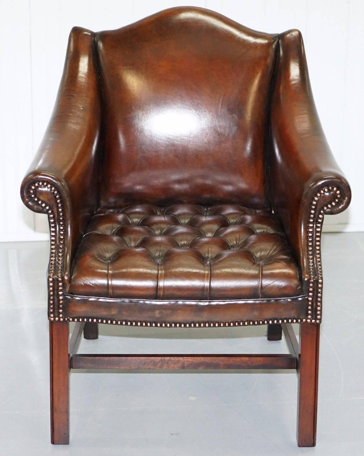 Mid-Century Modern Rare Pair of Fully Restored Chesterfield Whiskey Brown Leather Club Armchairs