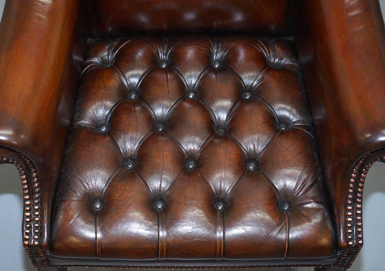 English Rare Pair of Fully Restored Chesterfield Whiskey Brown Leather Club Armchairs