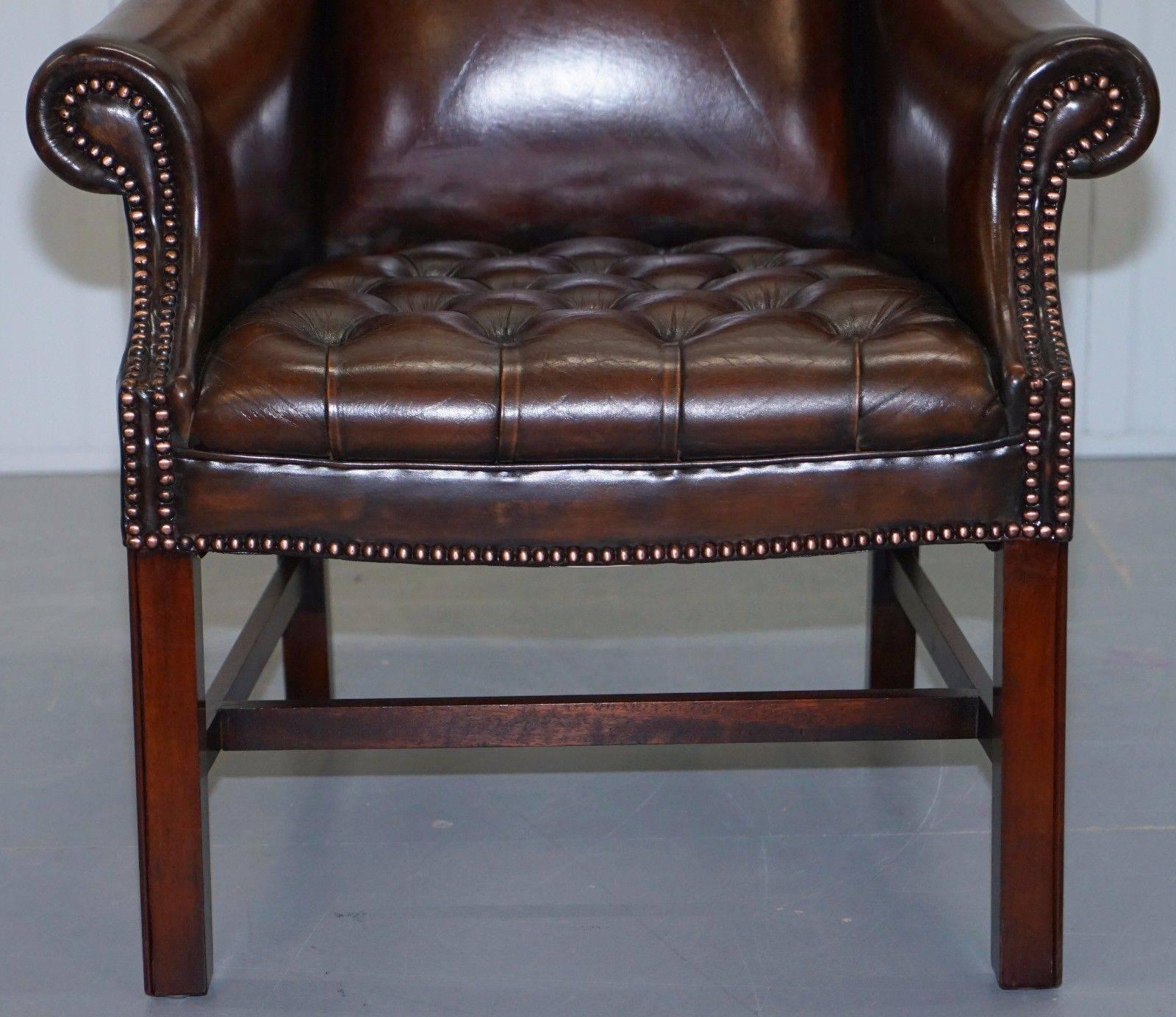 Rare Pair of Fully Restored Chesterfield Whiskey Brown Leather Club Armchairs 1