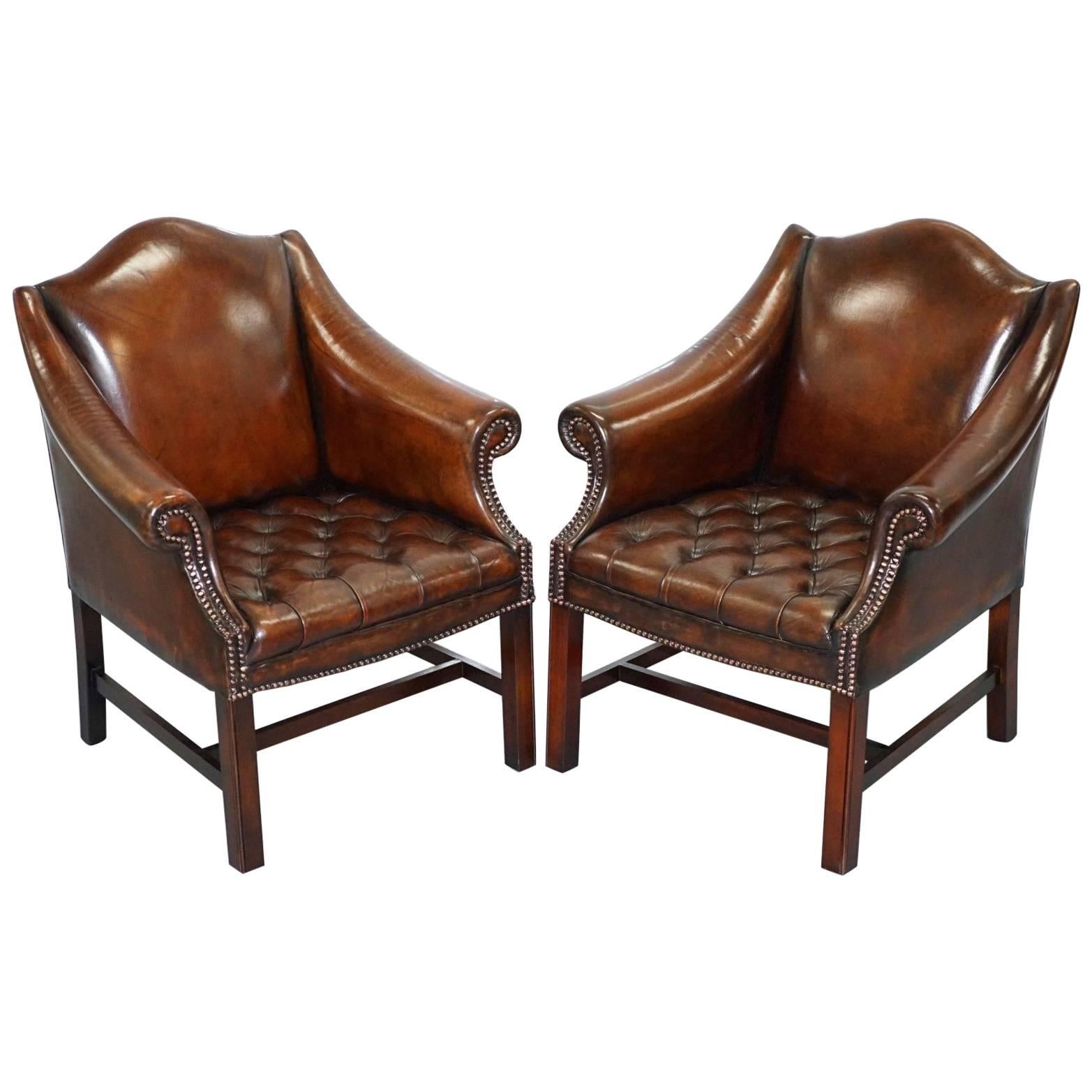 Rare Pair of Fully Restored Chesterfield Whiskey Brown Leather Club Armchairs