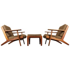 Rare Pair of GE290 Lounge Chairs and Ottoman by Hans J. Wegner Teak GETAMA