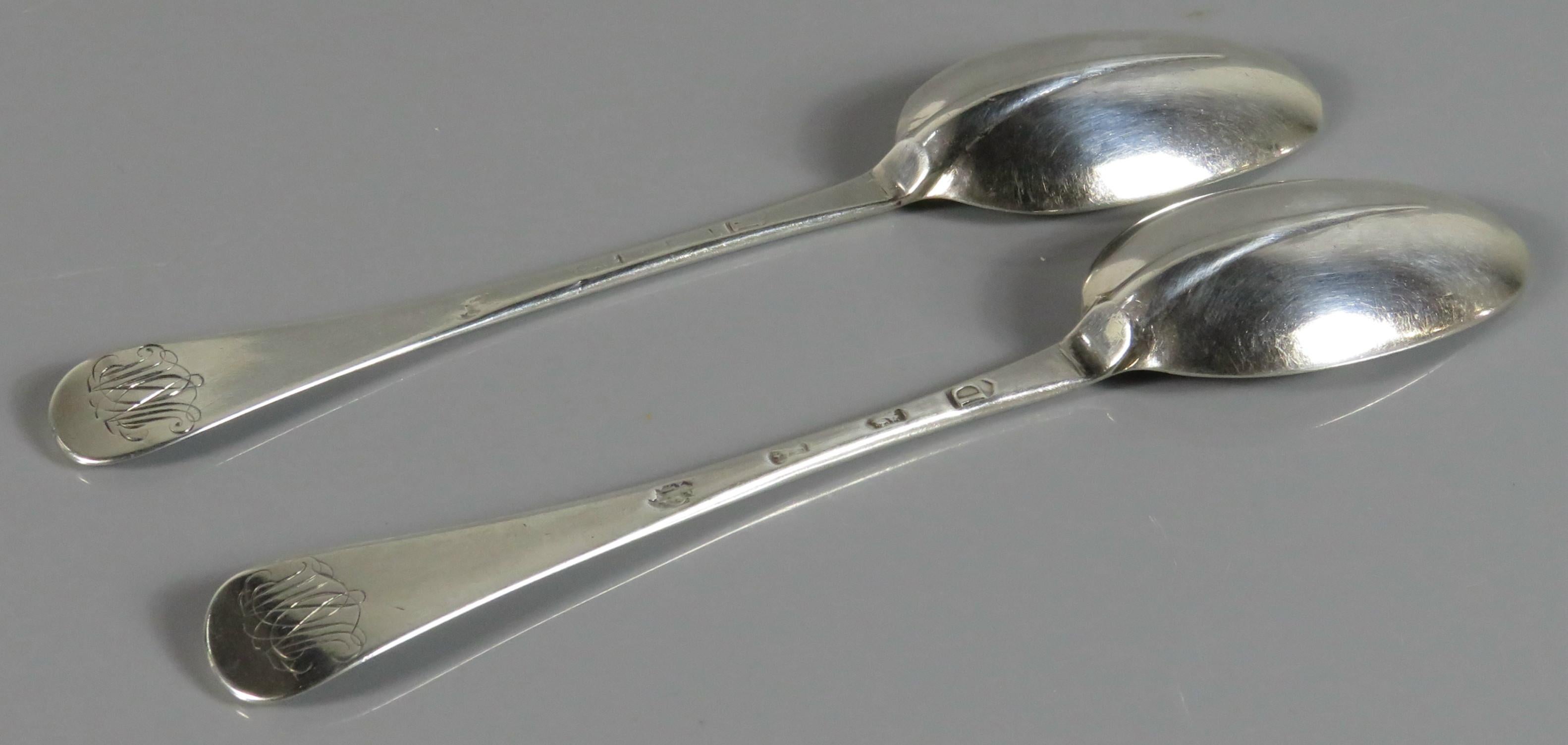 A rare pair of George I Britannia Standard Silver (.958 fine) Hanoverian ‘Rat-Tail’ tablespoons. 
The underside of the bowls showing a 'rat tail' heel, the stem stamped with London hallmarks with date letter for 1719, maker’s marks