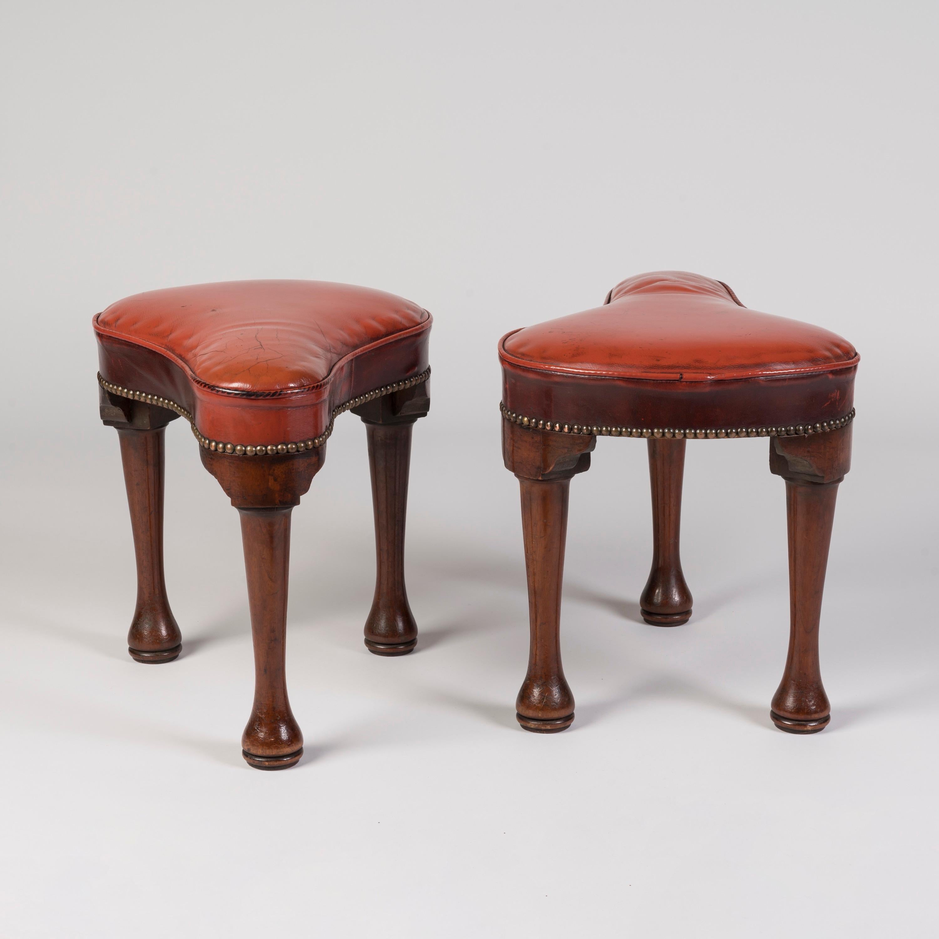 English Rare Pair of George II Period Mahogany Saddle Stools with Red Leather Seats For Sale