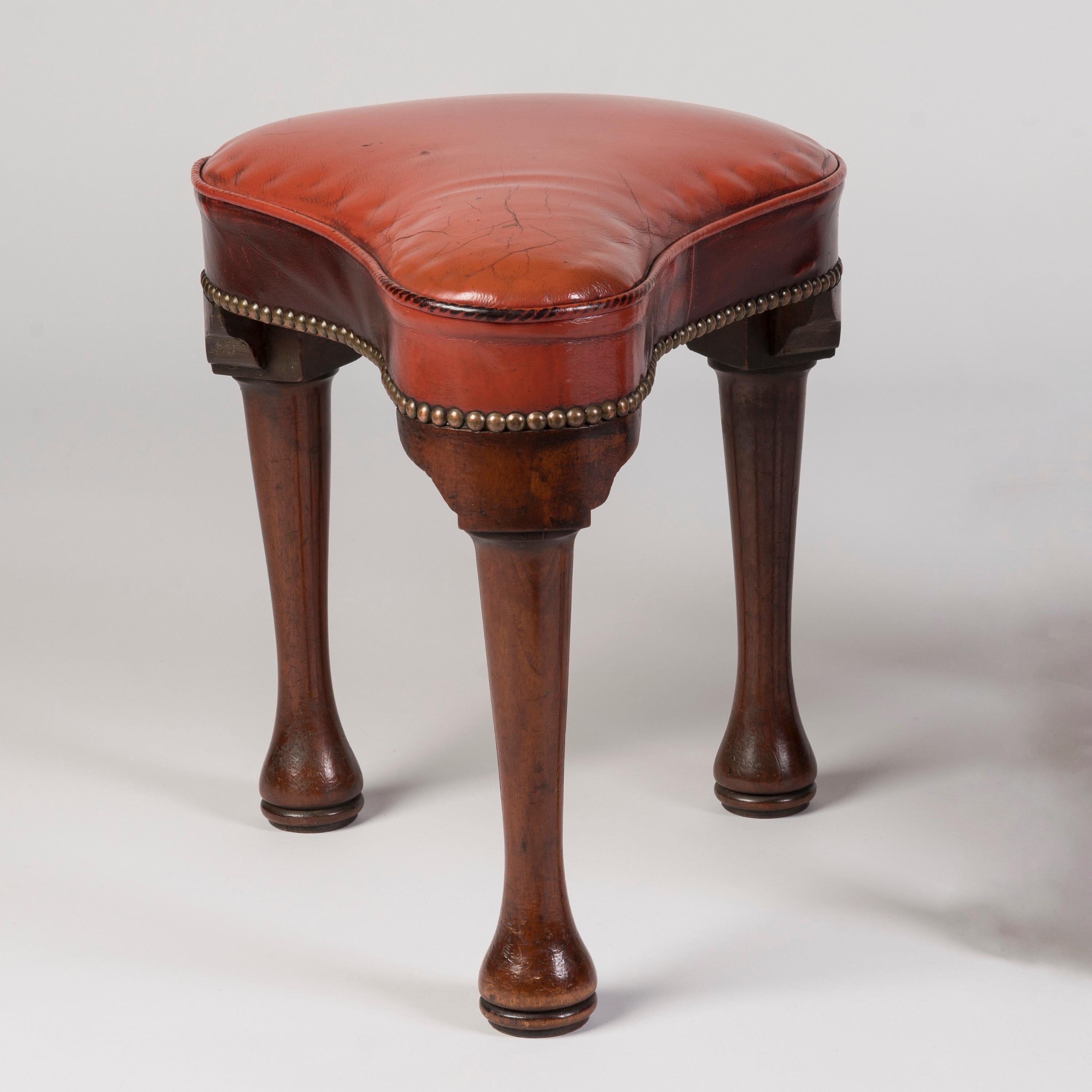 Rare Pair of George II Period Mahogany Saddle Stools with Red Leather Seats In Good Condition For Sale In London, GB