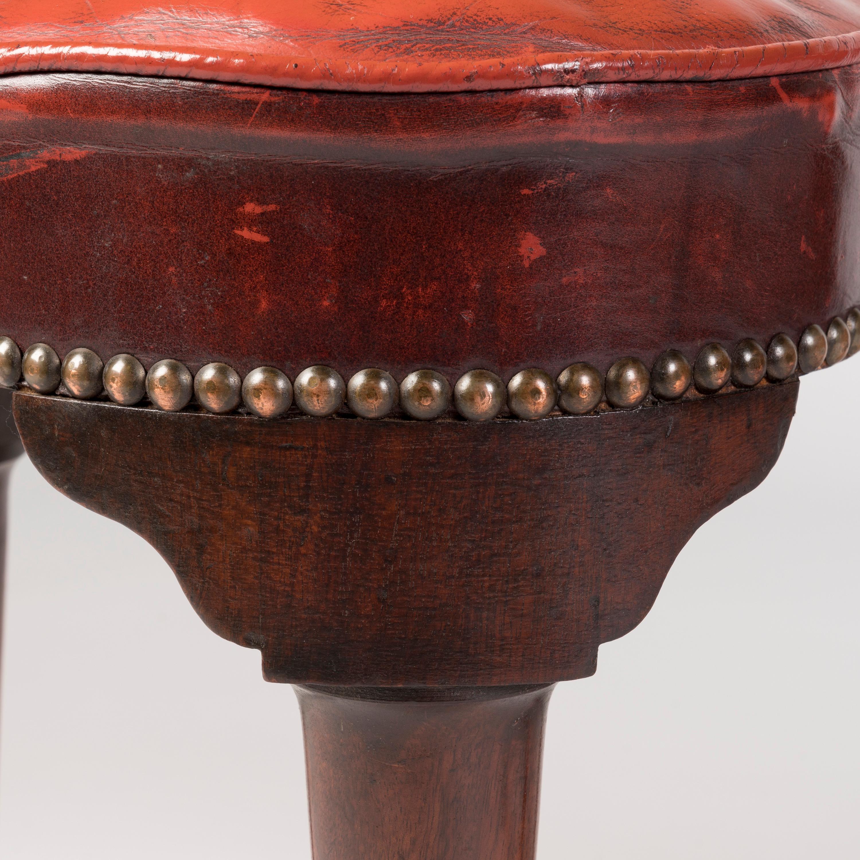Rare Pair of George II Period Mahogany Saddle Stools with Red Leather Seats For Sale 1