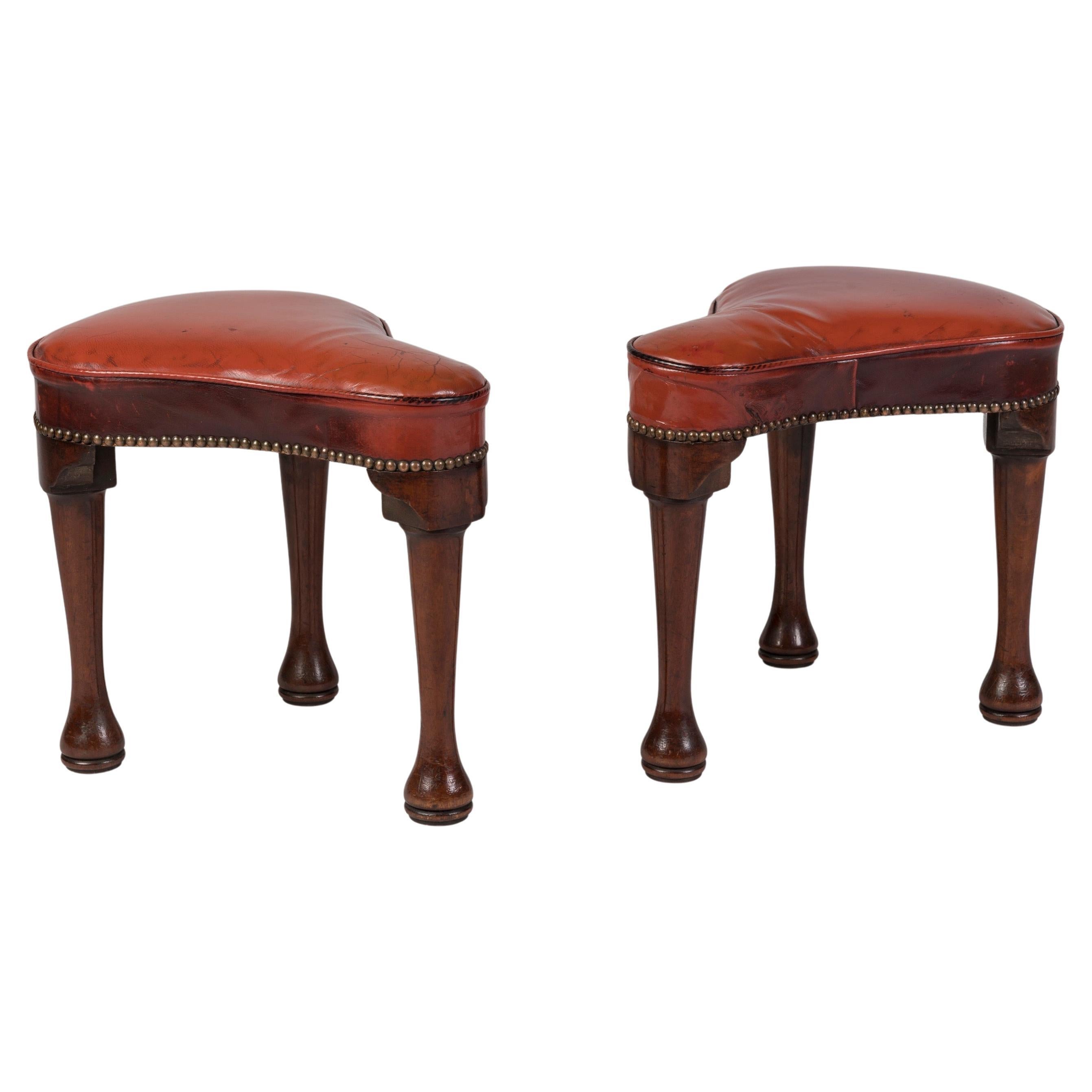 Rare Pair of George II Period Mahogany Saddle Stools with Red Leather Seats