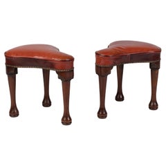 Rare Pair of George II Period Mahogany Saddle Stools with Red Leather Seats