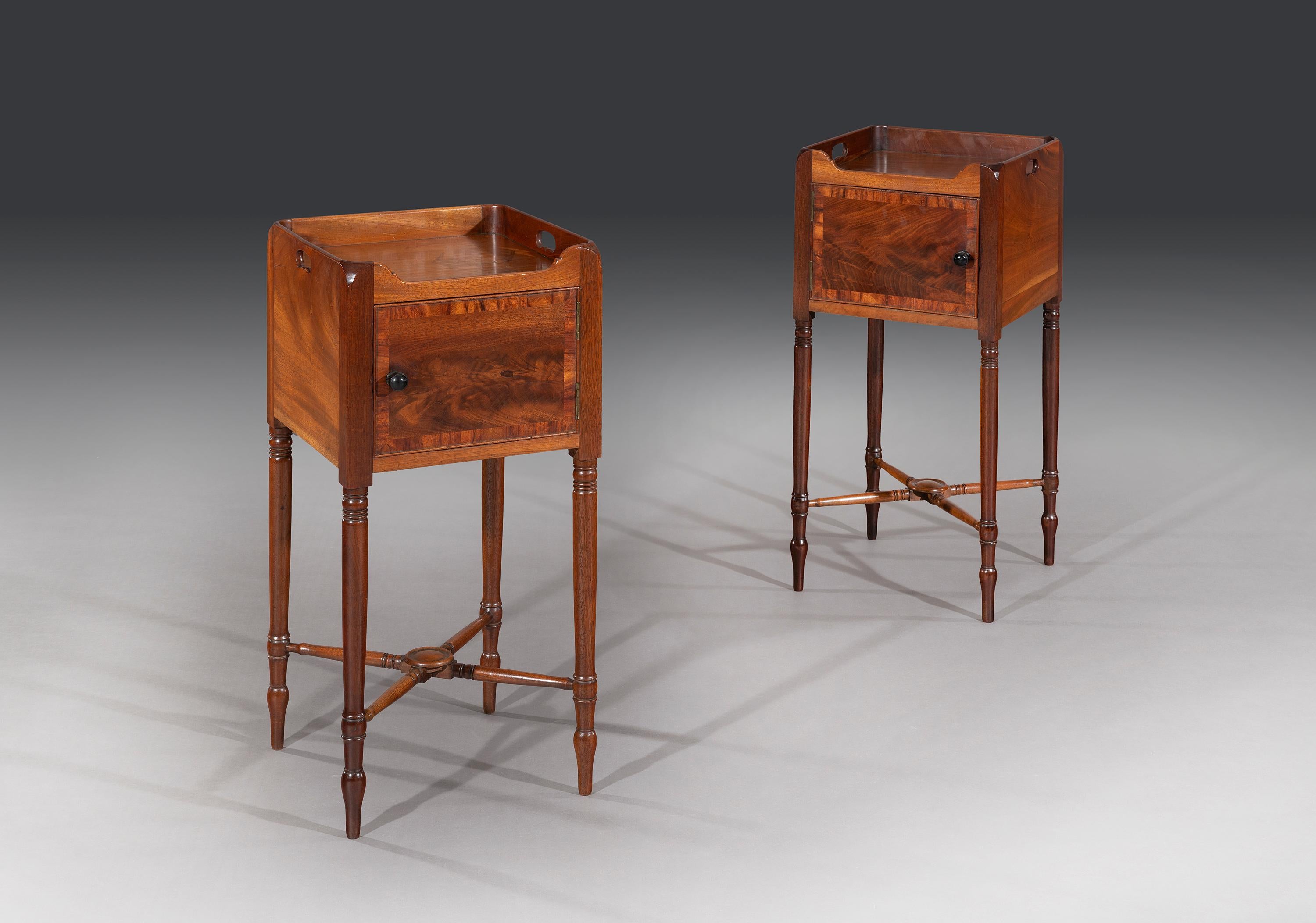 English Rare Pair of George III Flamed Mahogany and Ebony Bedside Cabinets