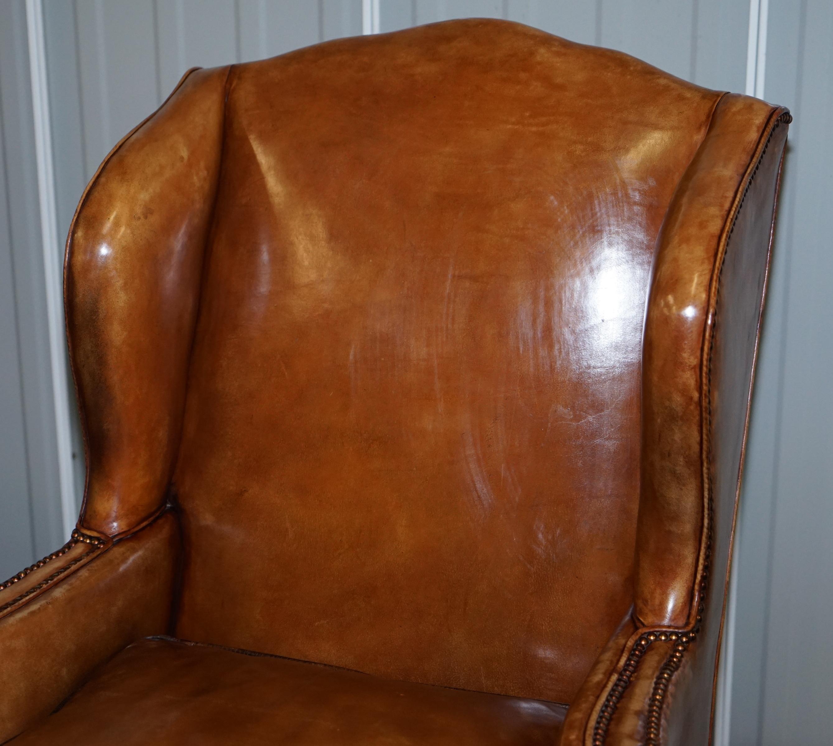 Hand-Carved Rare Pair of Georgian Irish Brown Leather Wingback Armchairs William Morris Arms