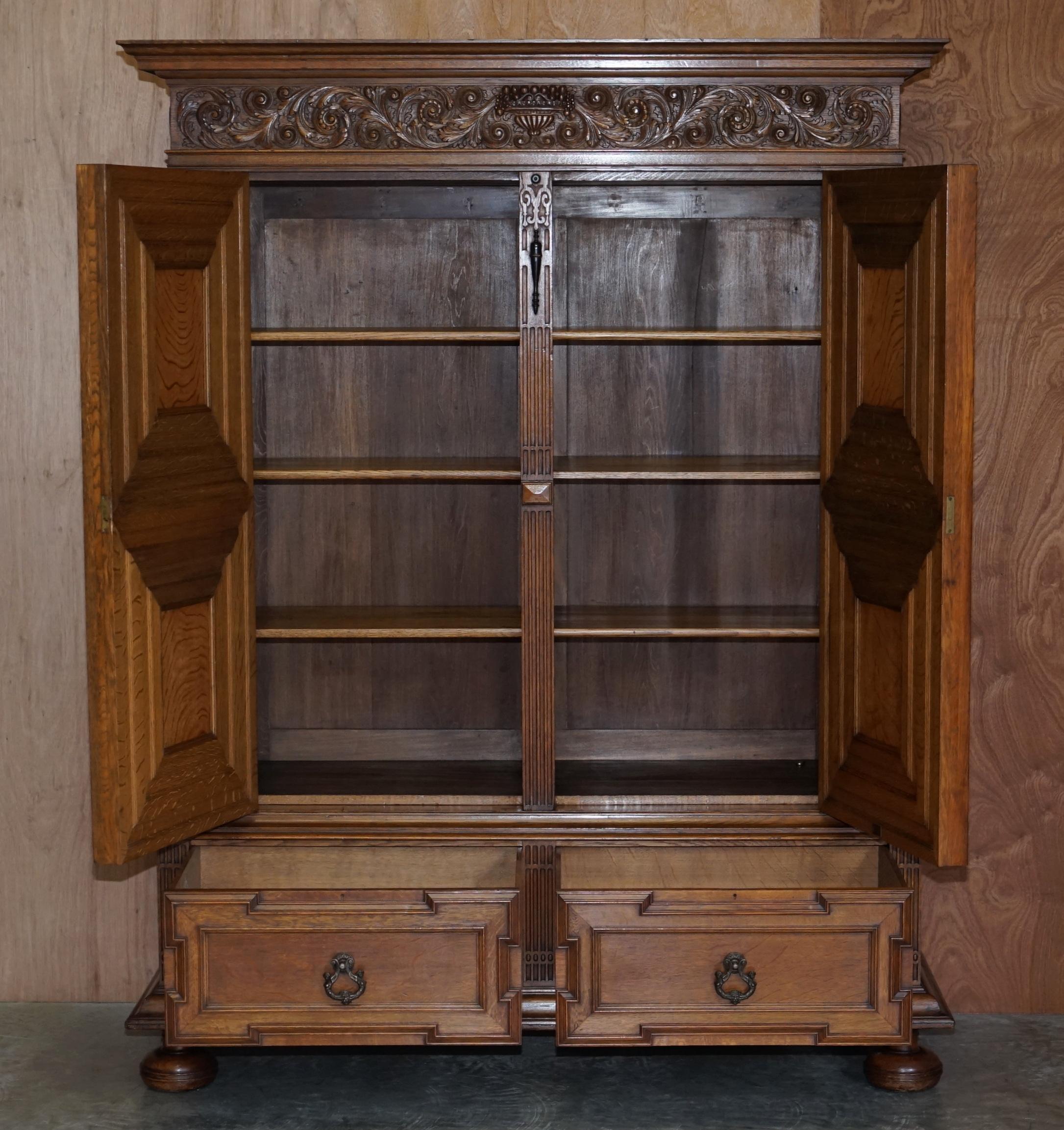 Rare Pair of Gillows Lancaster English Oak Antique Victorian Bookcase Cupboards For Sale 5