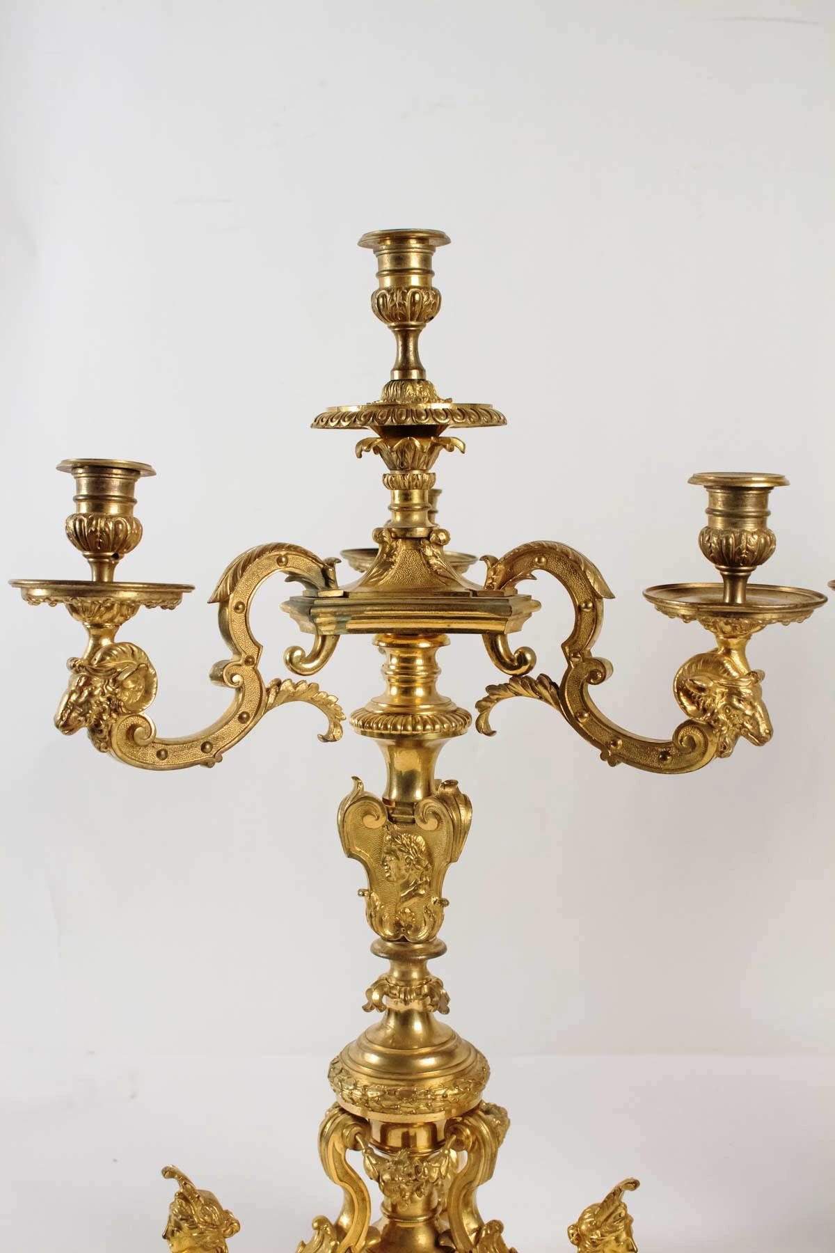 Rare pair of gilt bronze candelabras, after Andre - Charles Boulle, France , late 19th-early 20th century.
With amazing decor of Sphinges, rams' heads, and roman emperor's bust.
4 Lights on each candelabra.
Mat and polished bronze,
Provenance: