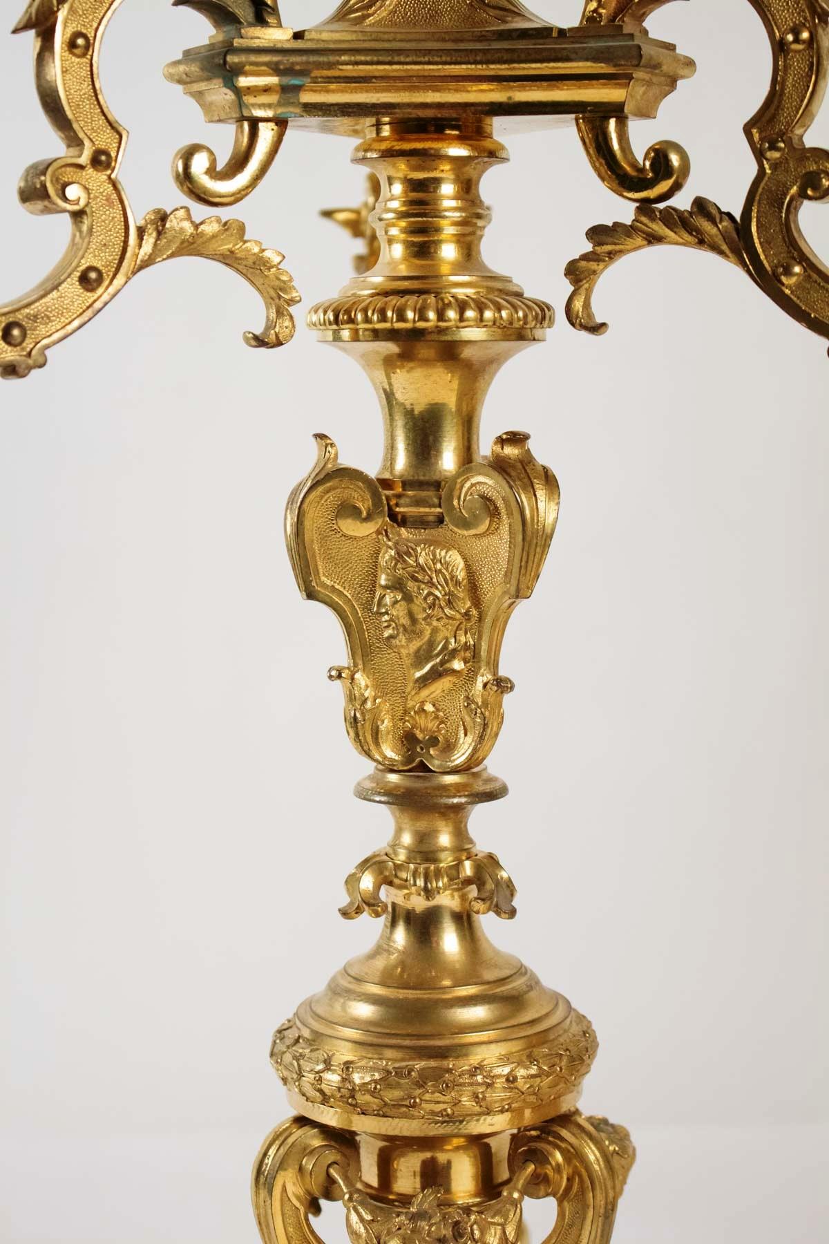 French Rare Pair of Gilt Bronze Candelabras, after A-C Boulle France, Late 19th Century