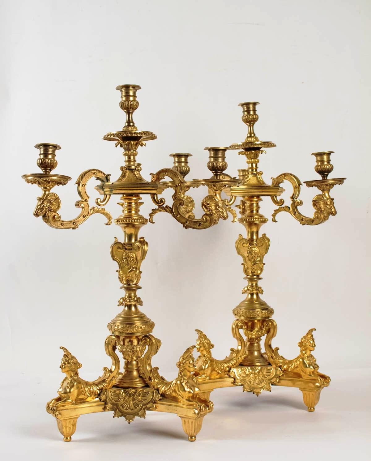 Rare Pair of Gilt Bronze Candelabras, after A-C Boulle France, Late 19th Century 1