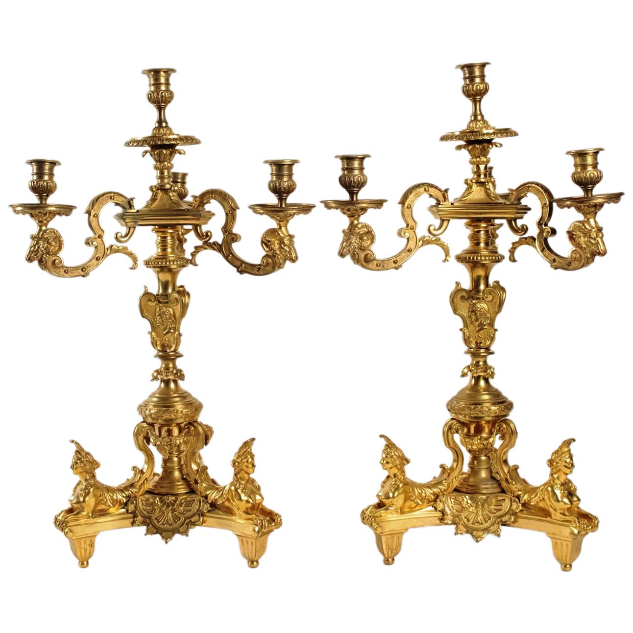 Rare Pair of Gilt Bronze Candelabras, after A-C Boulle France, Late 19th Century