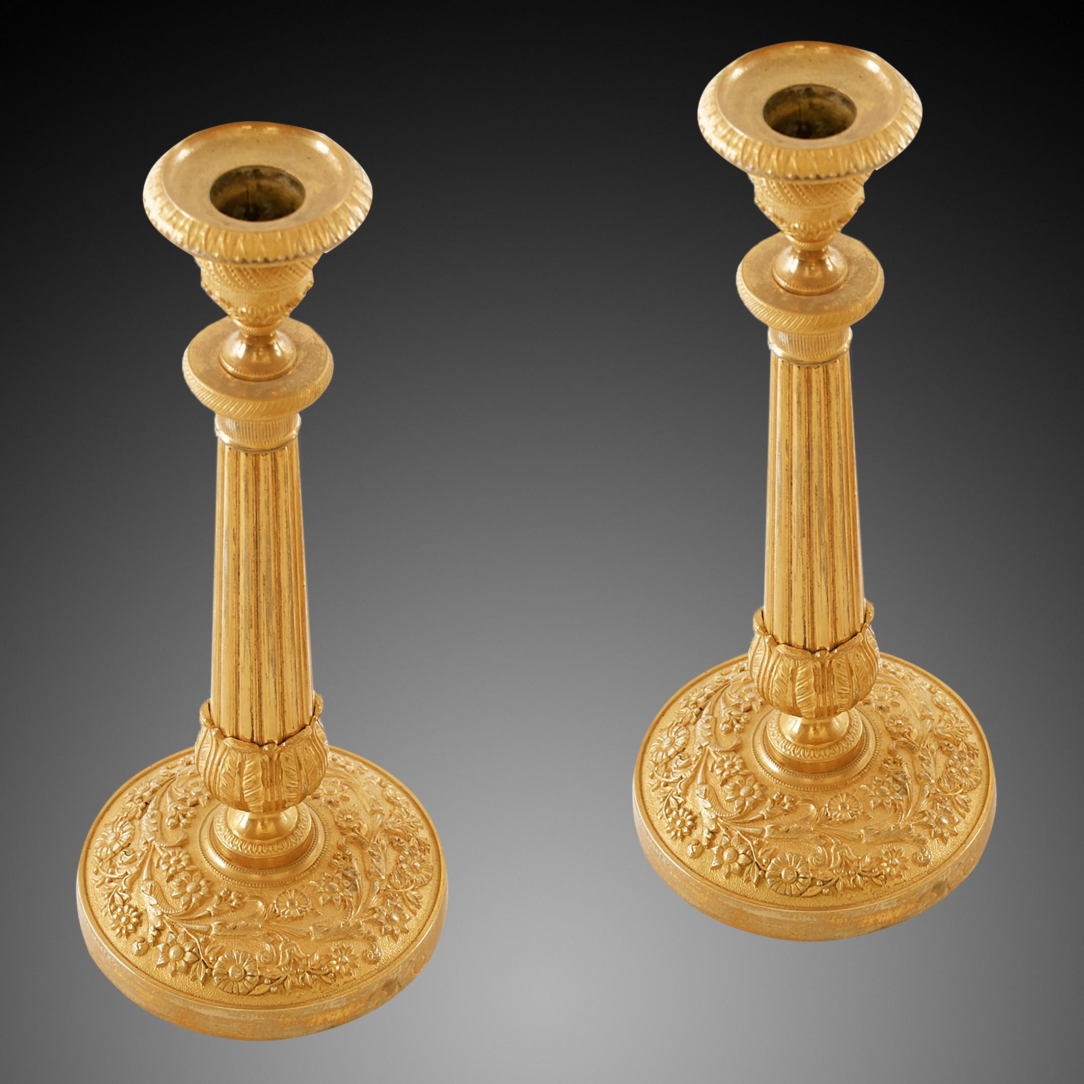 Restauration Rare Pair Of Gilt Bronze Empire French Candlesticks After Thomire For Sale