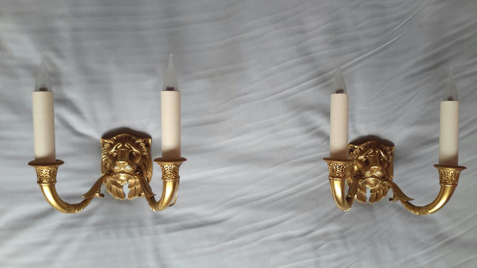 Rare Pair of Gilt Bronze Empire Style Lions Head Sconces, France For Sale 6