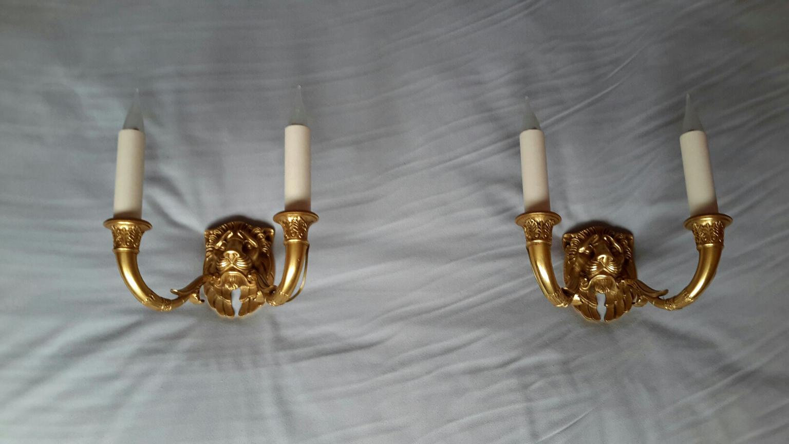 French Rare Pair of Gilt Bronze Empire Style Lions Head Sconces, France For Sale