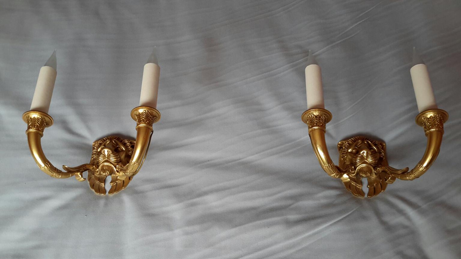 20th Century Rare Pair of Gilt Bronze Empire Style Lions Head Sconces, France For Sale