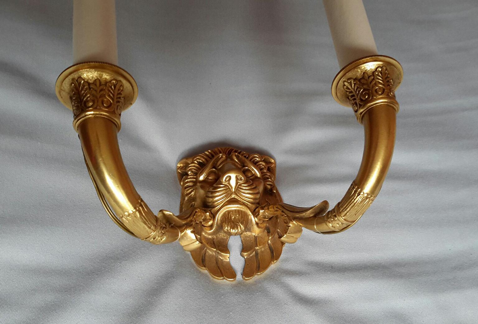 Rare Pair of Gilt Bronze Empire Style Lions Head Sconces, France For Sale 3