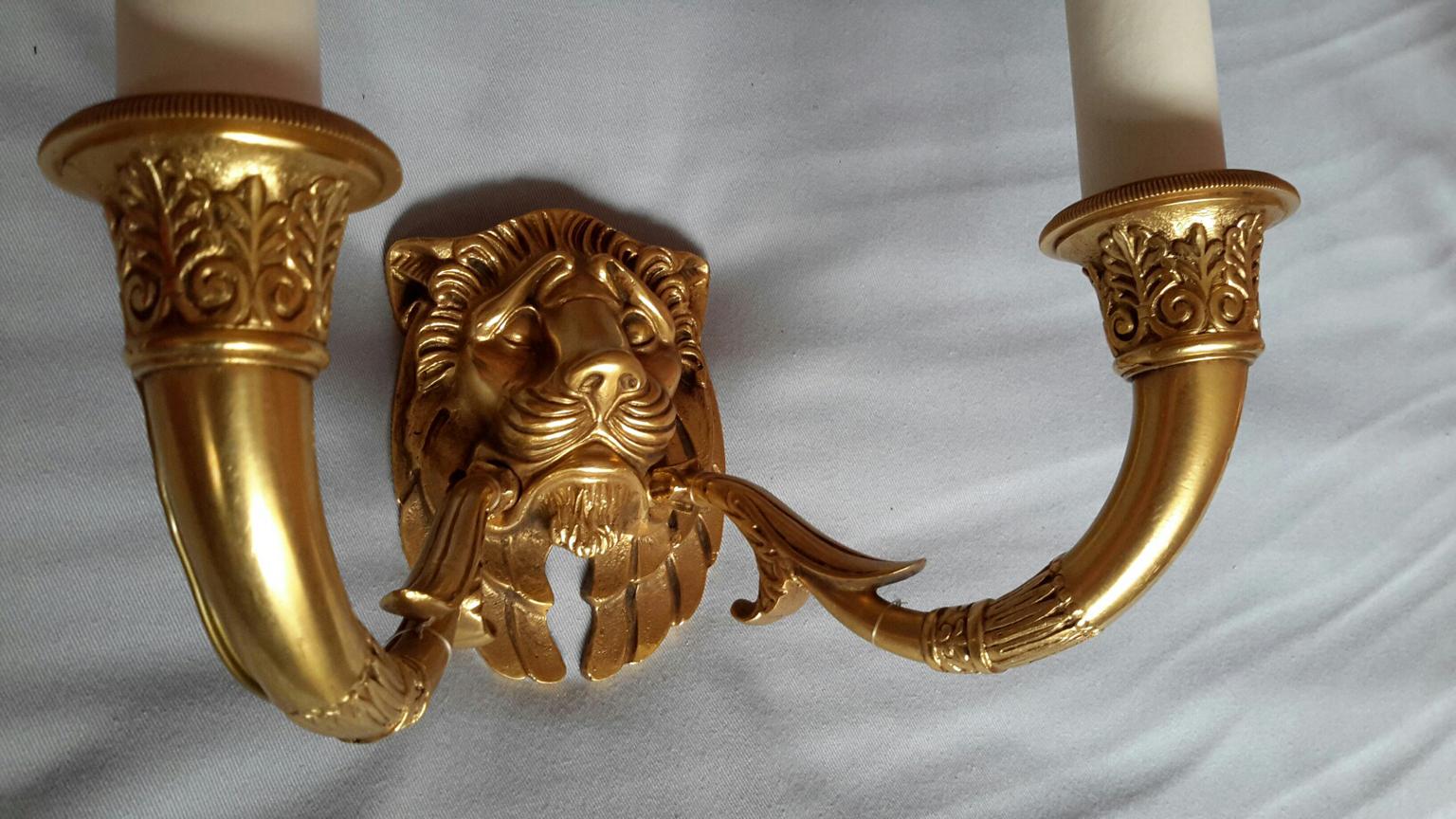 Rare Pair of Gilt Bronze Empire Style Lions Head Sconces, France For Sale 4