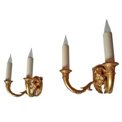 Rare Pair of Gilt Bronze Empire Style Lions Sconces, France