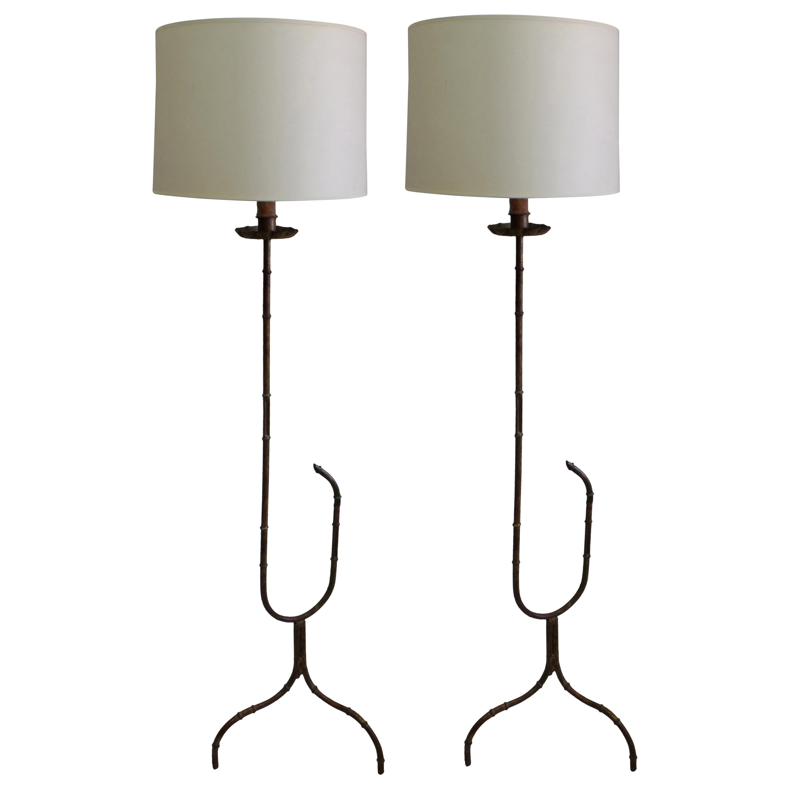 Rare Pair of Gilt Faux Bamboo Floor Lamps by Maison Baguès For Sale