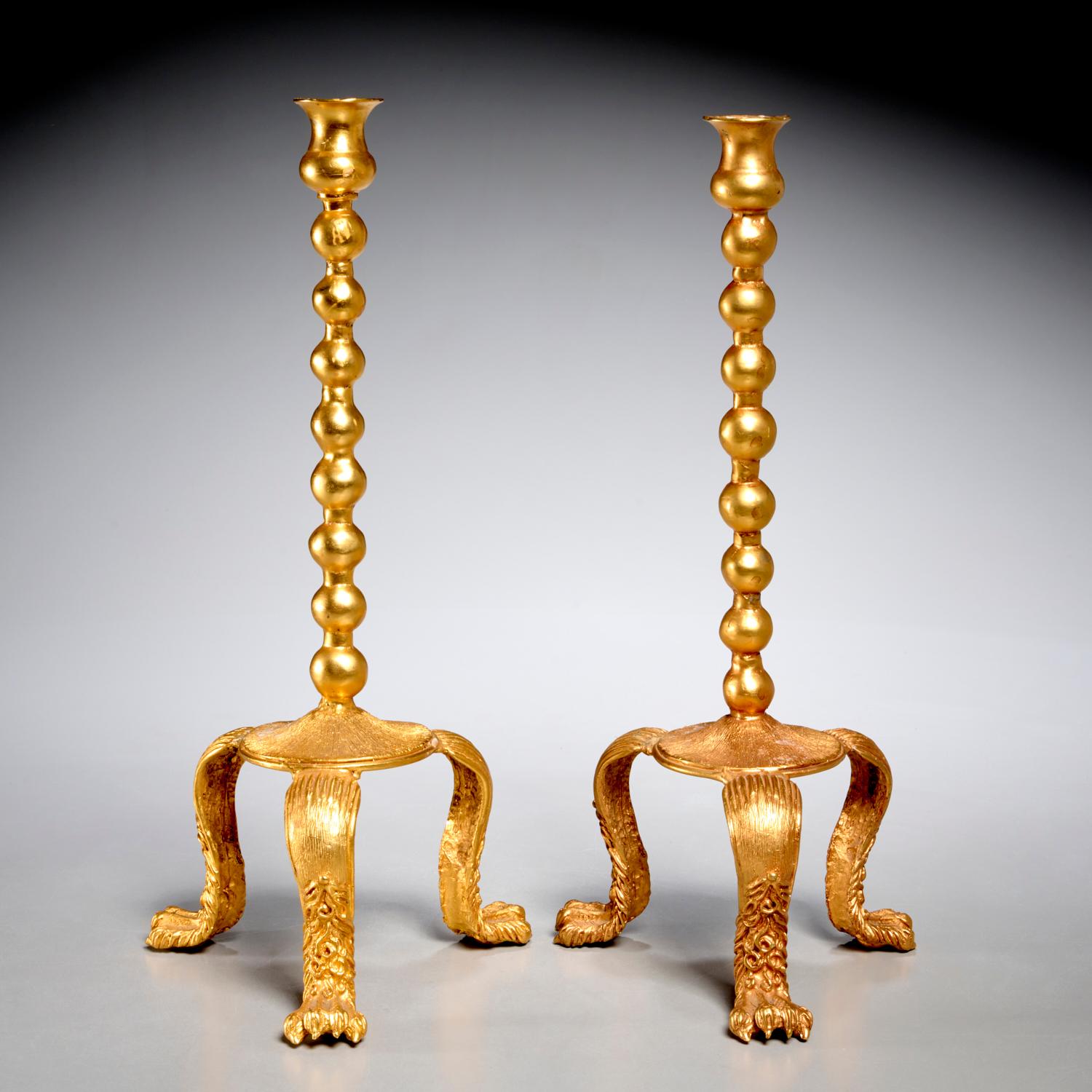 Rare Pair of Gilt Metal Paw Foot Tripod Candlesticks by Lazaro Diaz, Signed 1992 For Sale 4